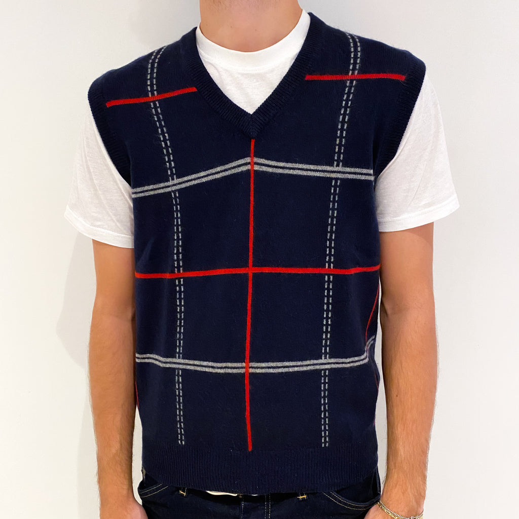 Men's Navy Red Checked Cashmere V-Neck Tank Top Medium