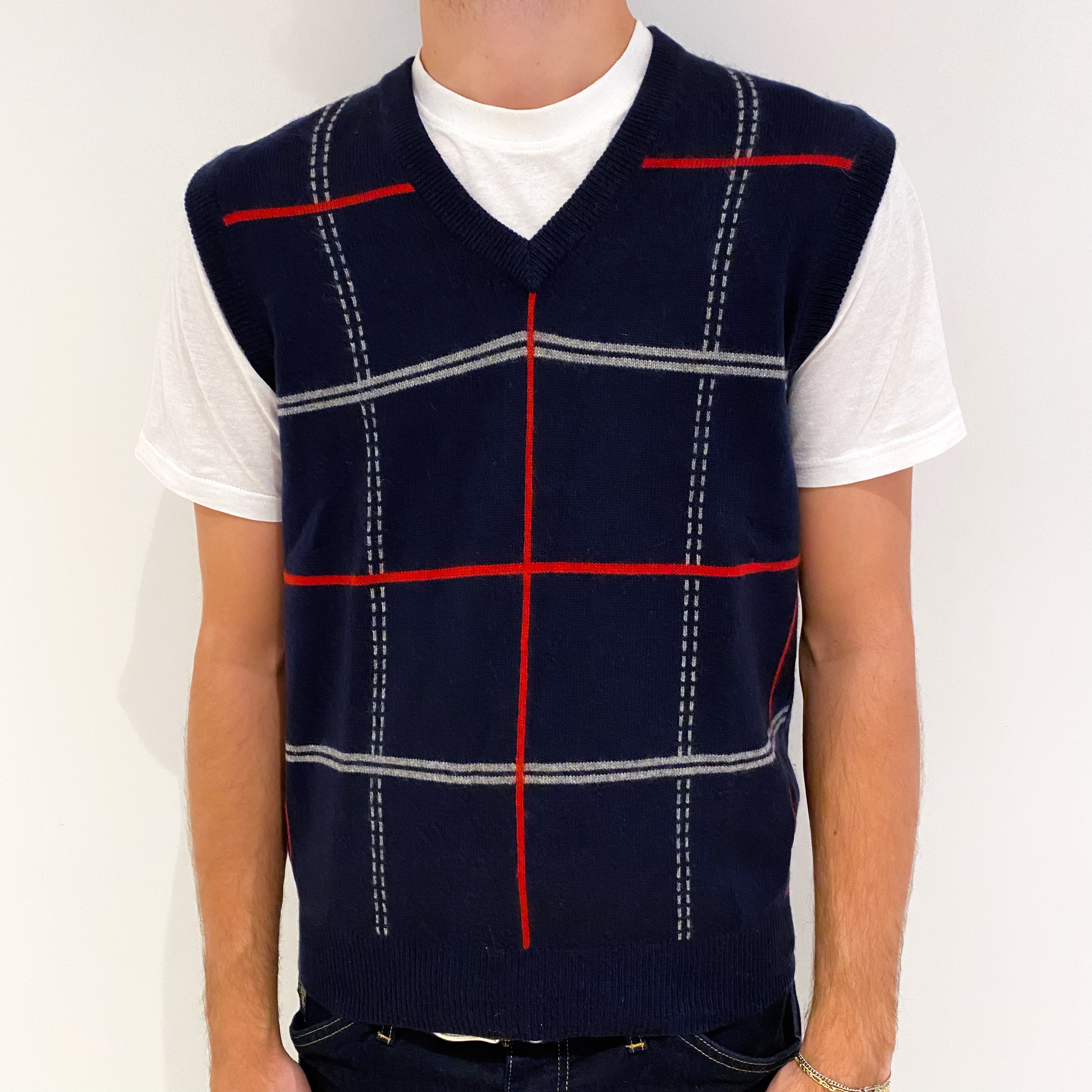 Men's Navy Red Checked Cashmere V-Neck Tank Top Medium