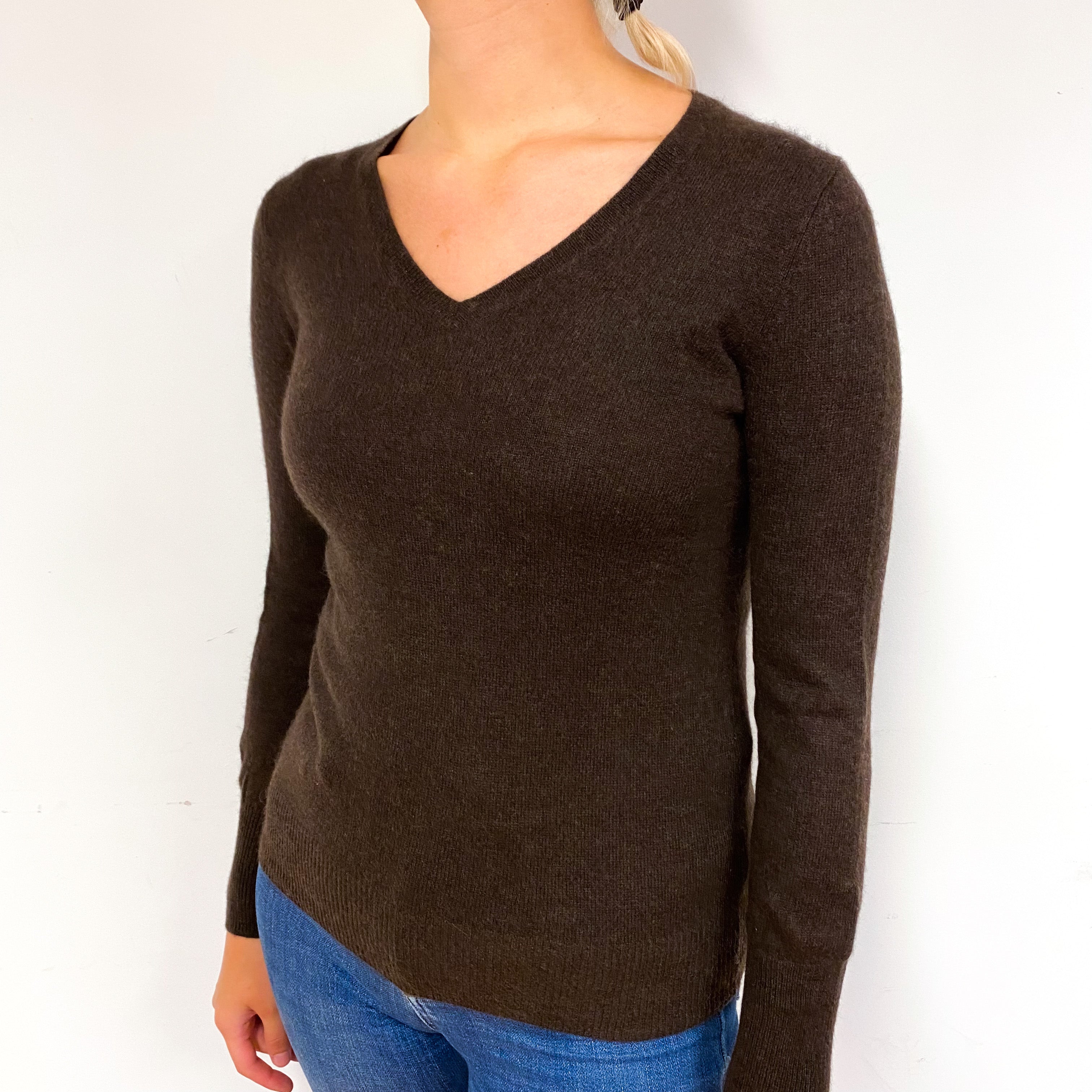 Chocolate Brown Cashmere V-Neck Jumper Small