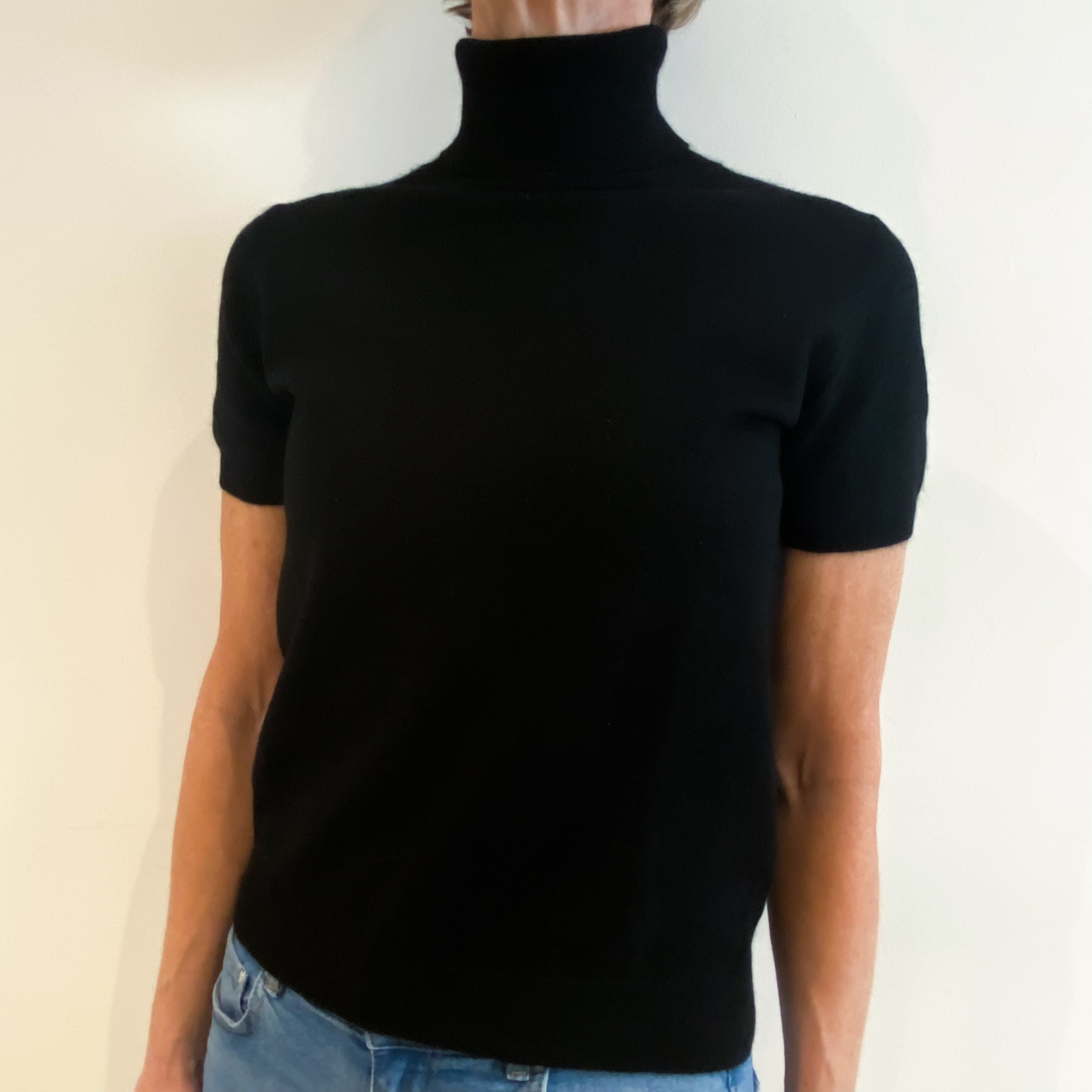 Black Cashmere Short Sleeved Polo Neck Jumper Small