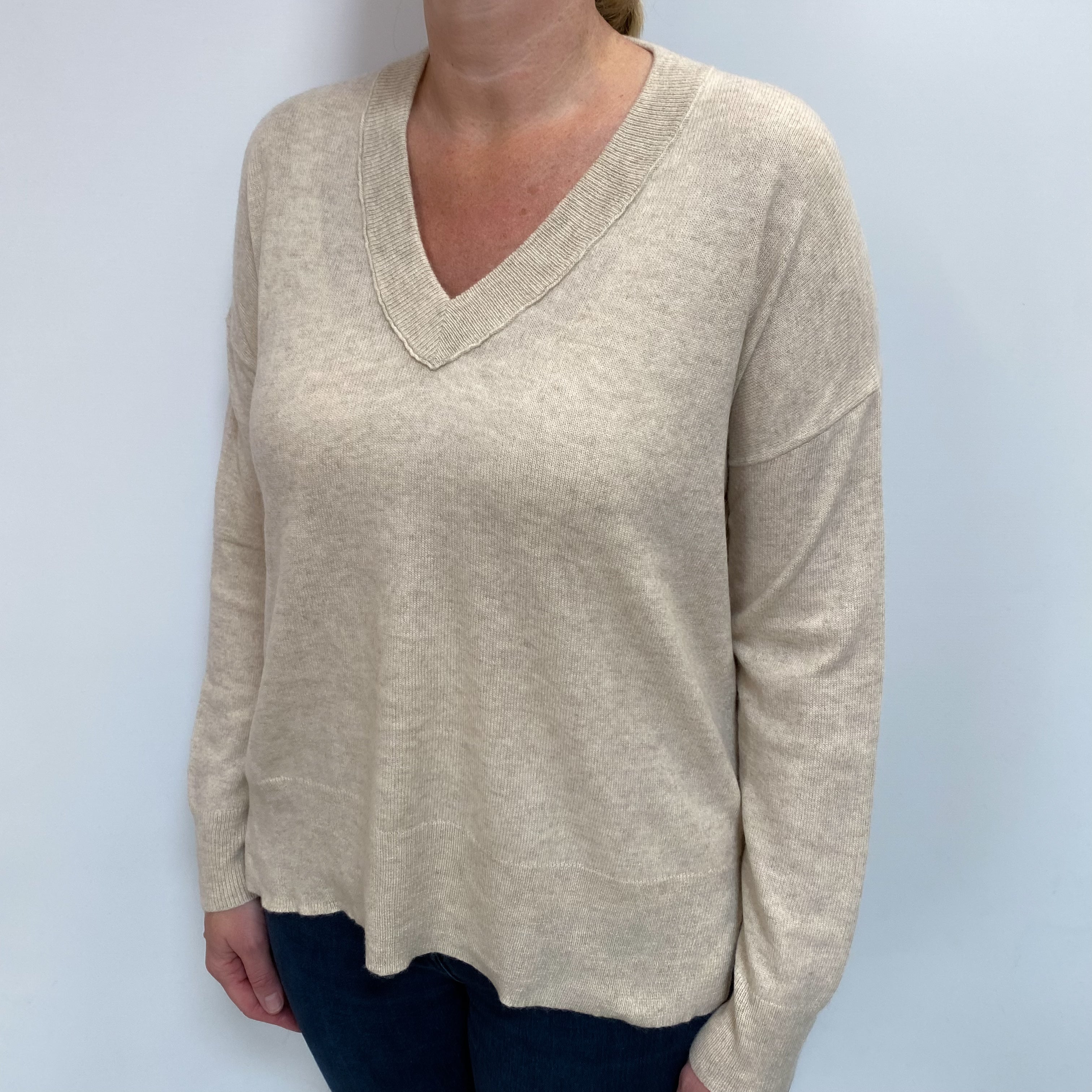 Oatmeal Beige Cashmere Slouchy V Neck Jumper Large