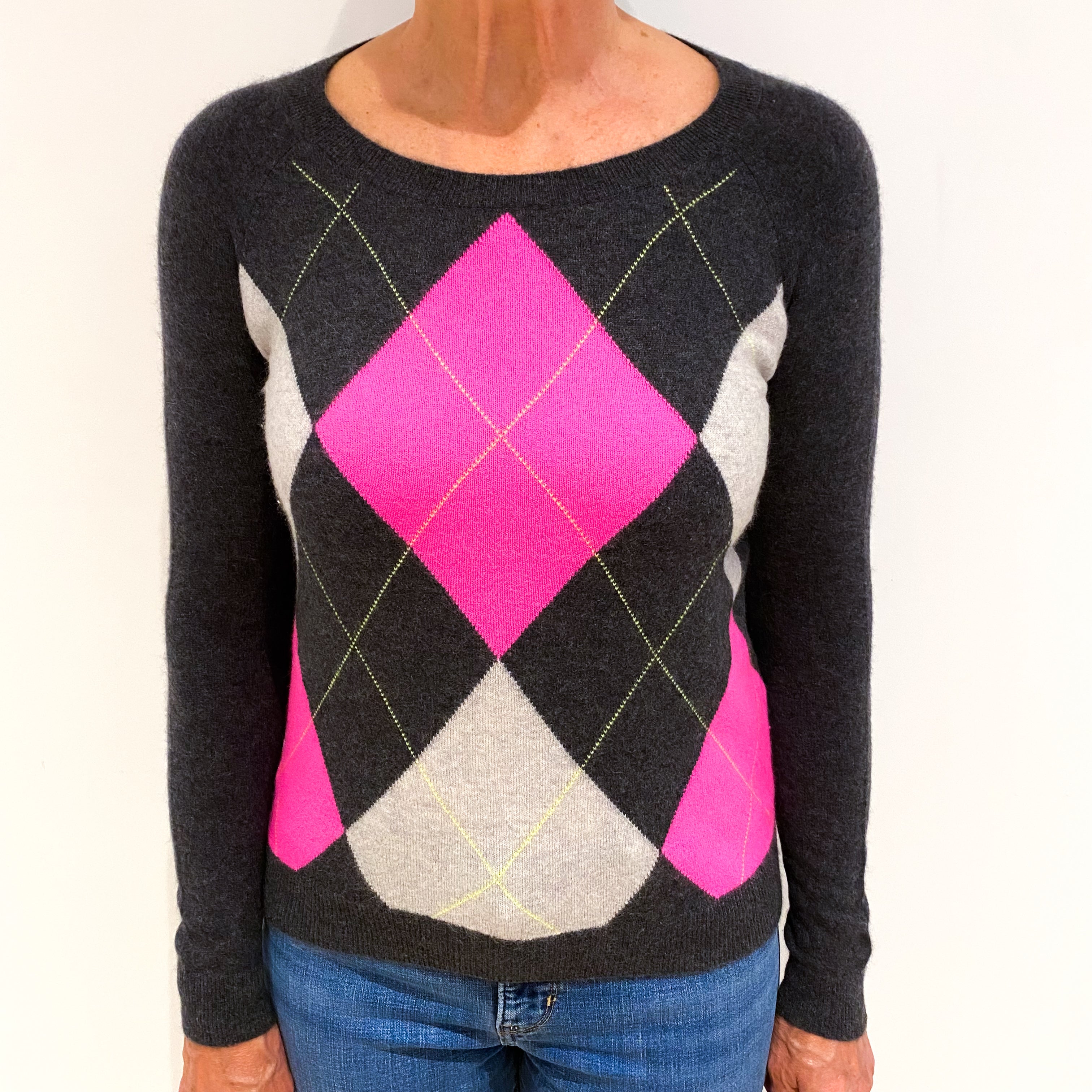 Charcoal Grey Diamond Cashmere Crew Neck Jumper Medium