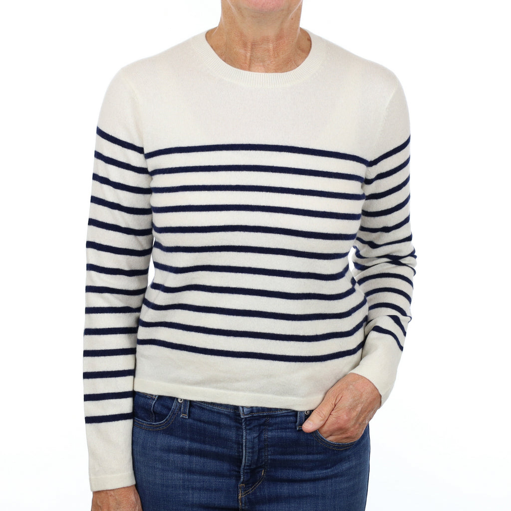 Cream Navy Stripe Cashmere Crew Neck Jumper Medium
