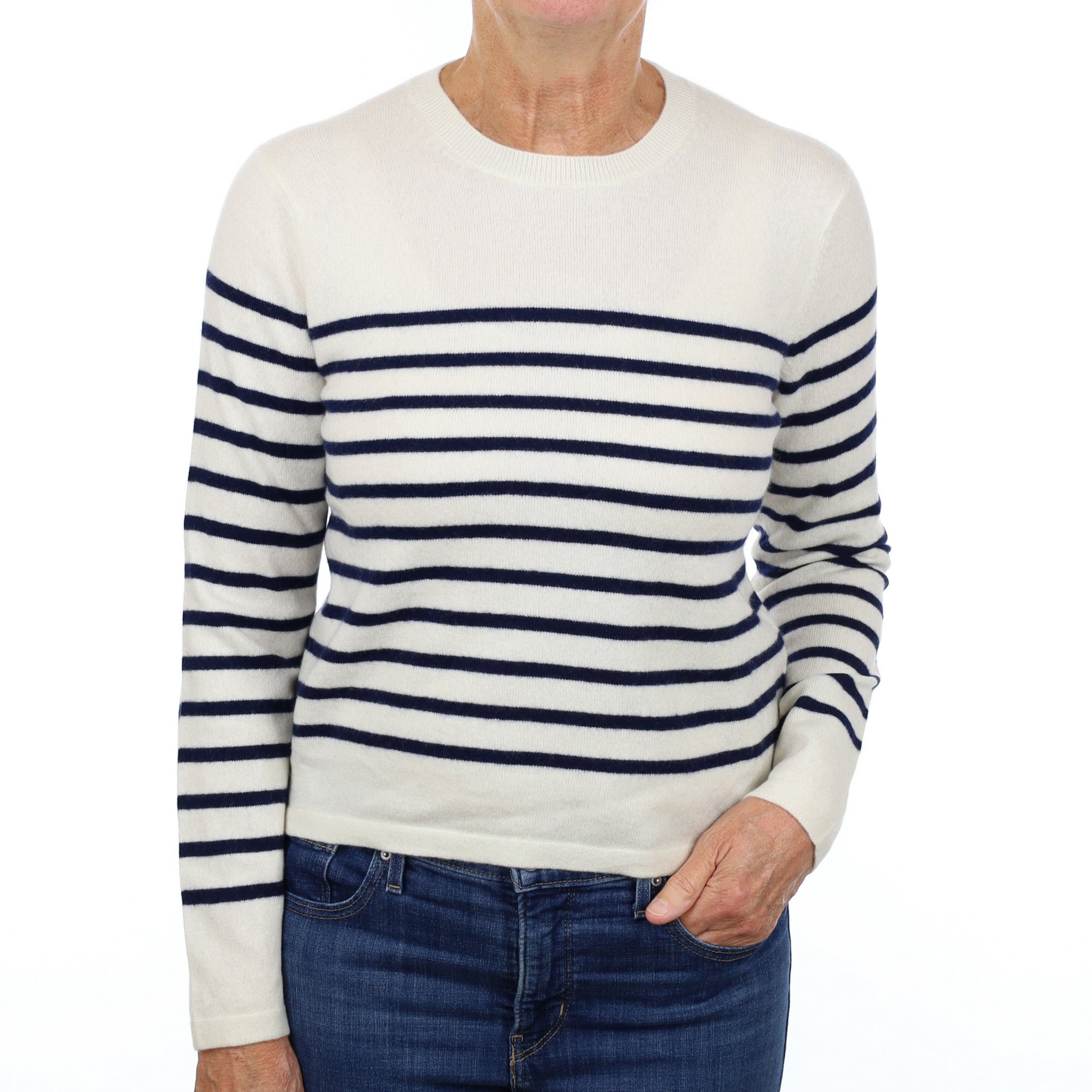 Cream Navy Stripe Cashmere Crew Neck Jumper Medium