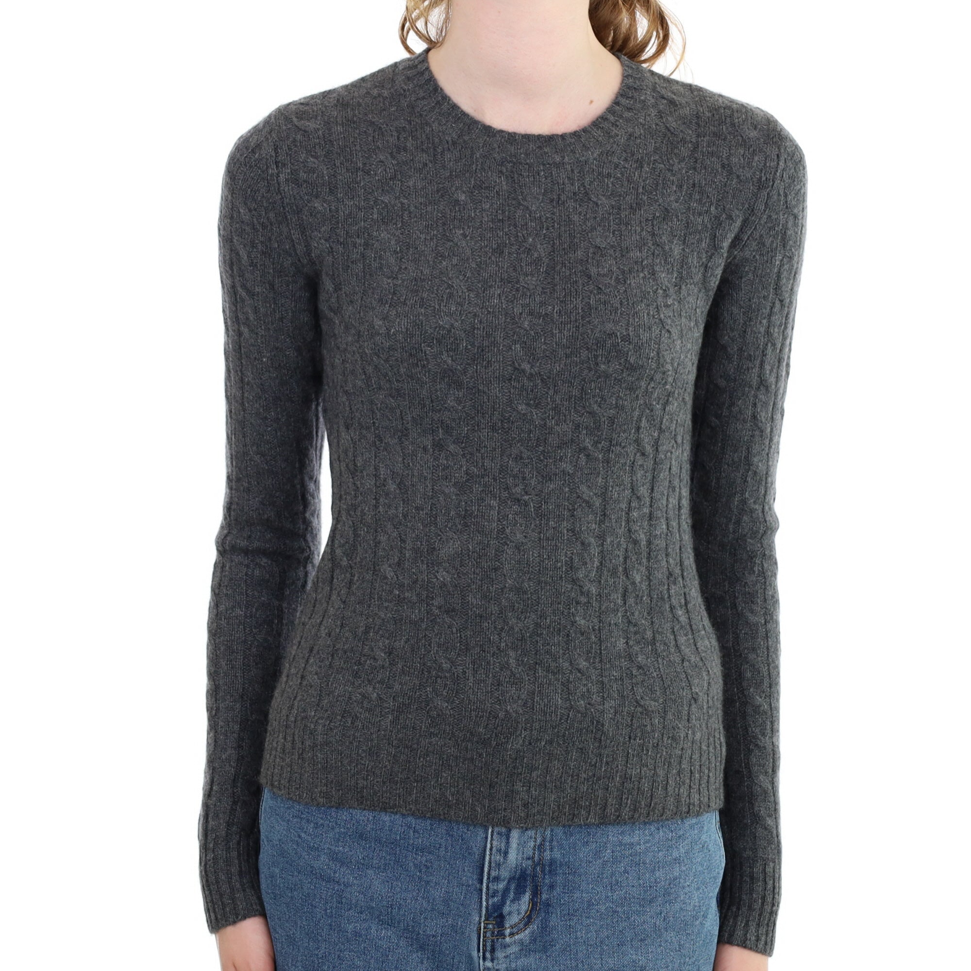 Slate Grey Cable Cashmere Crew Neck Jumper Extra Small