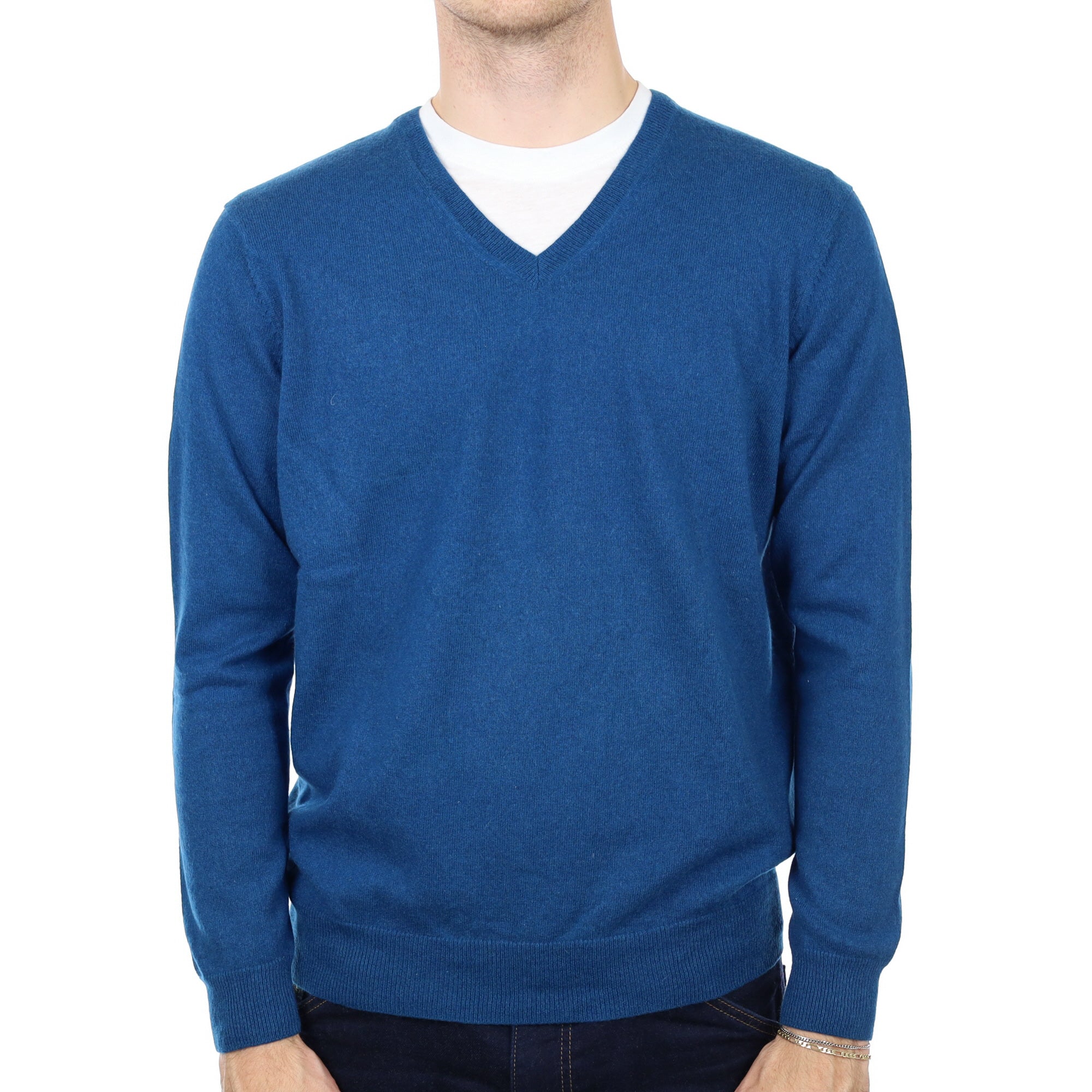 Men's Peacock Blue Cashmere V Neck Jumper Large