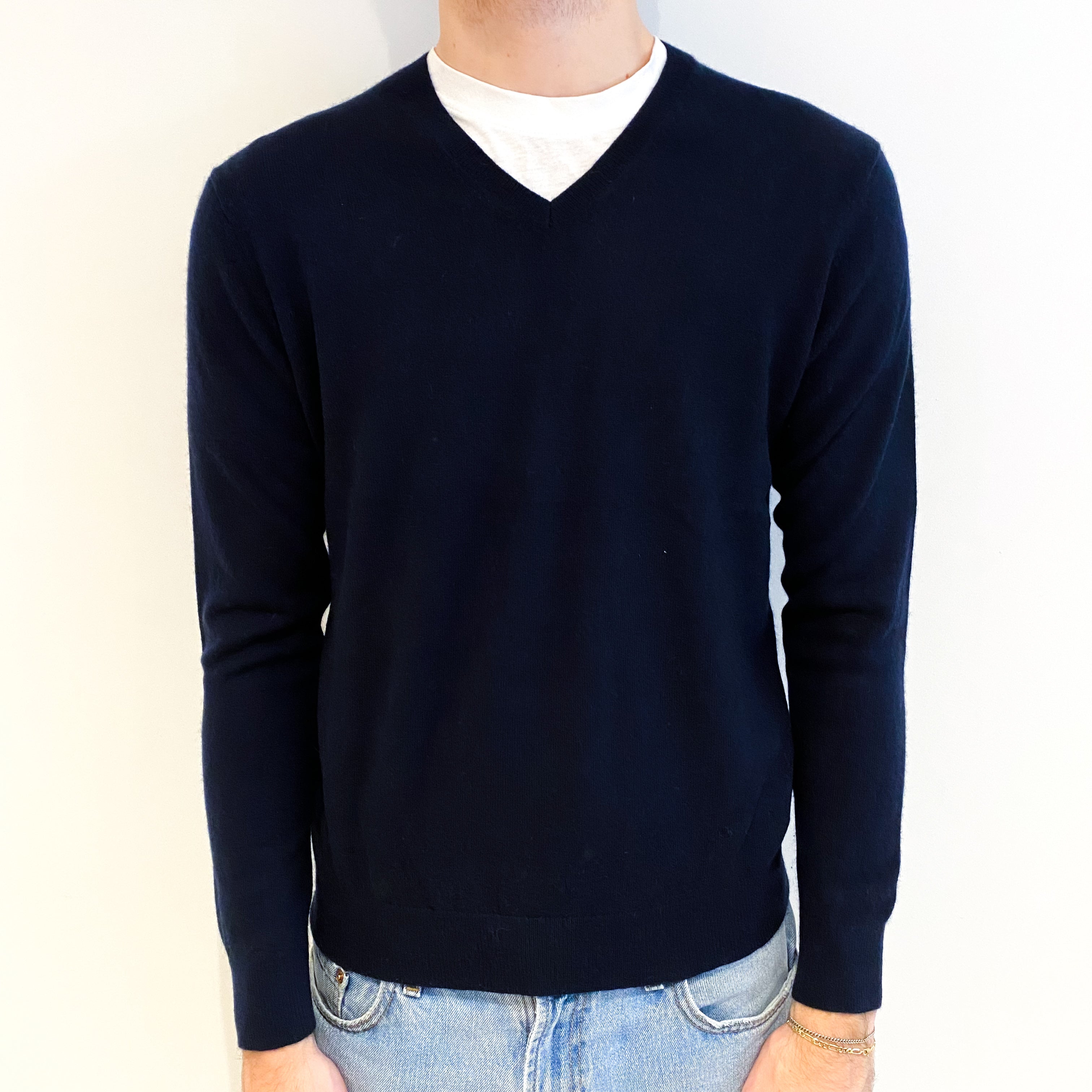 Men's Navy Blue Cashmere V Neck Jumper Large