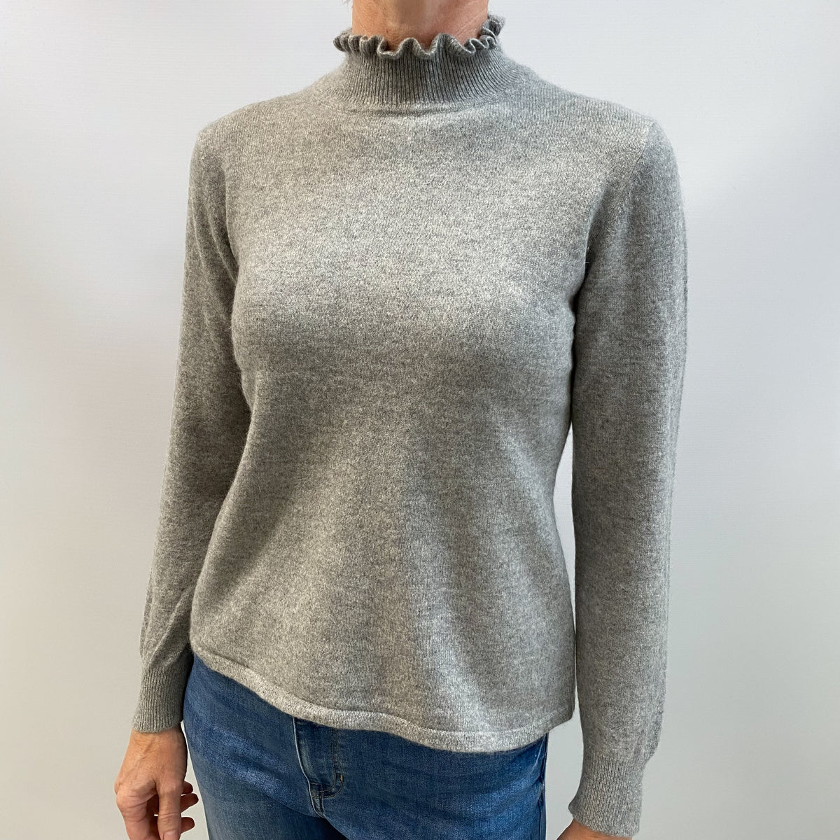 Smoke Grey Cashmere Frill Turtle Neck Jumper Small