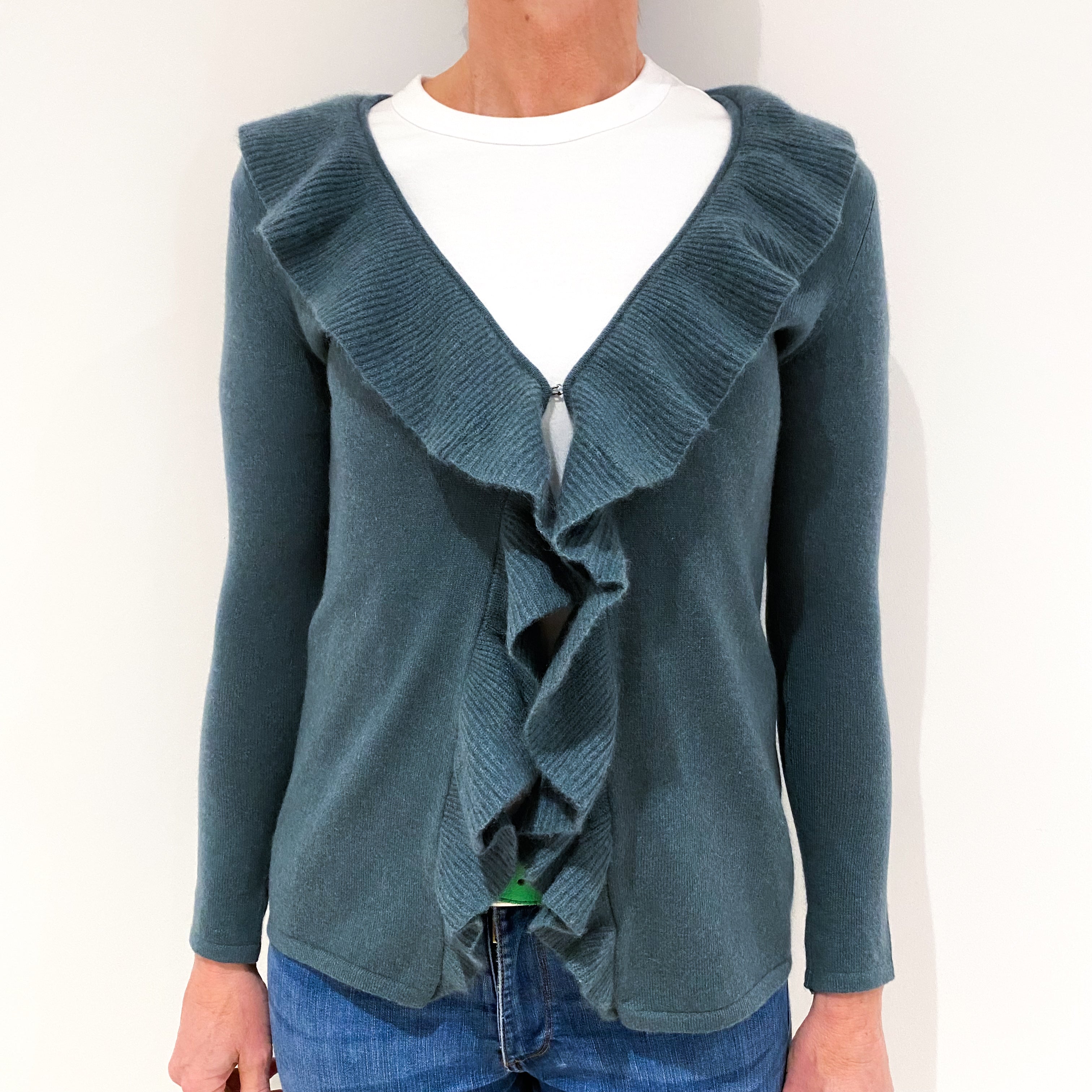 Spruce Green Ruffle Edge Cashmere Cardigan Small