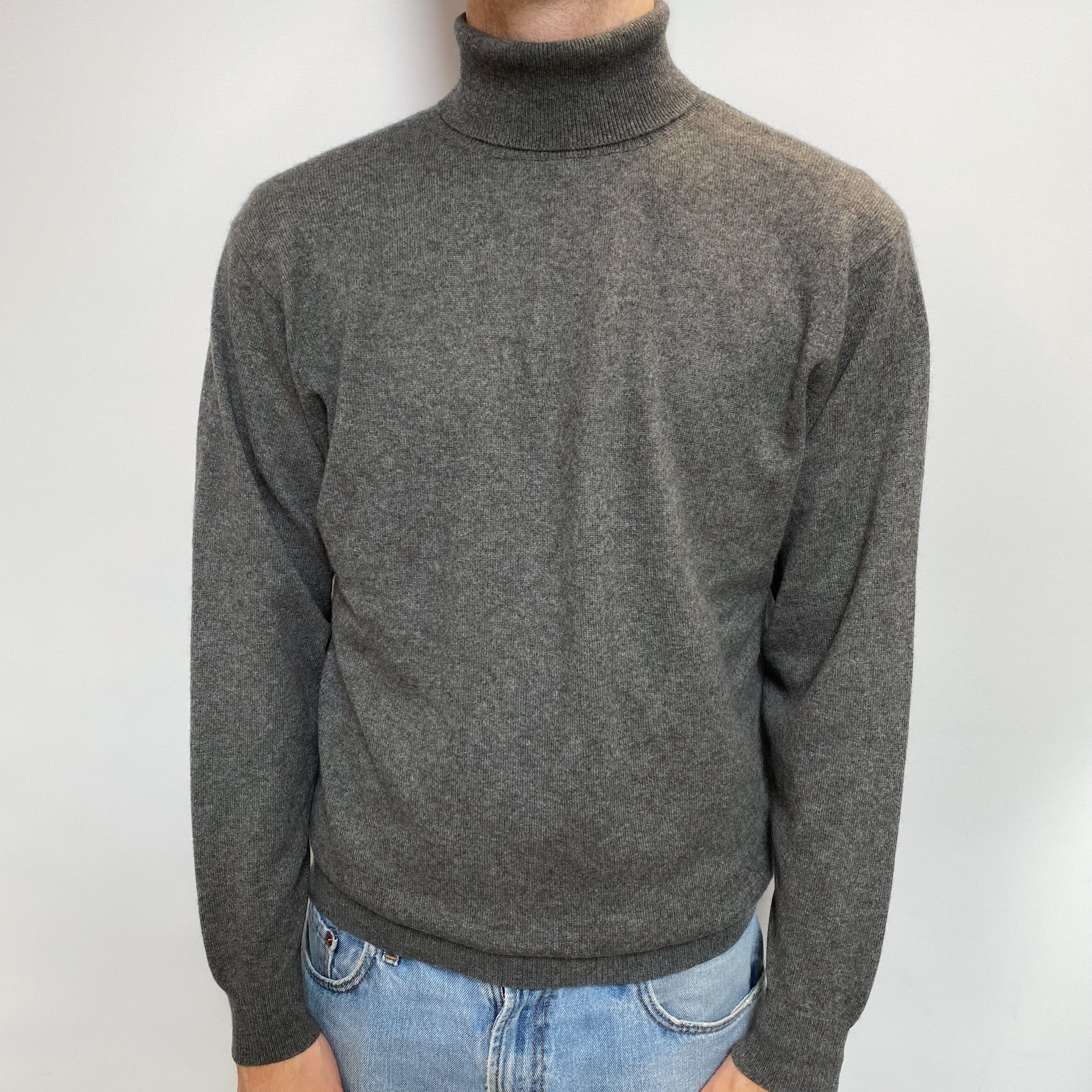 Men's Slate Grey Cashmere Polo Neck Jumper Large