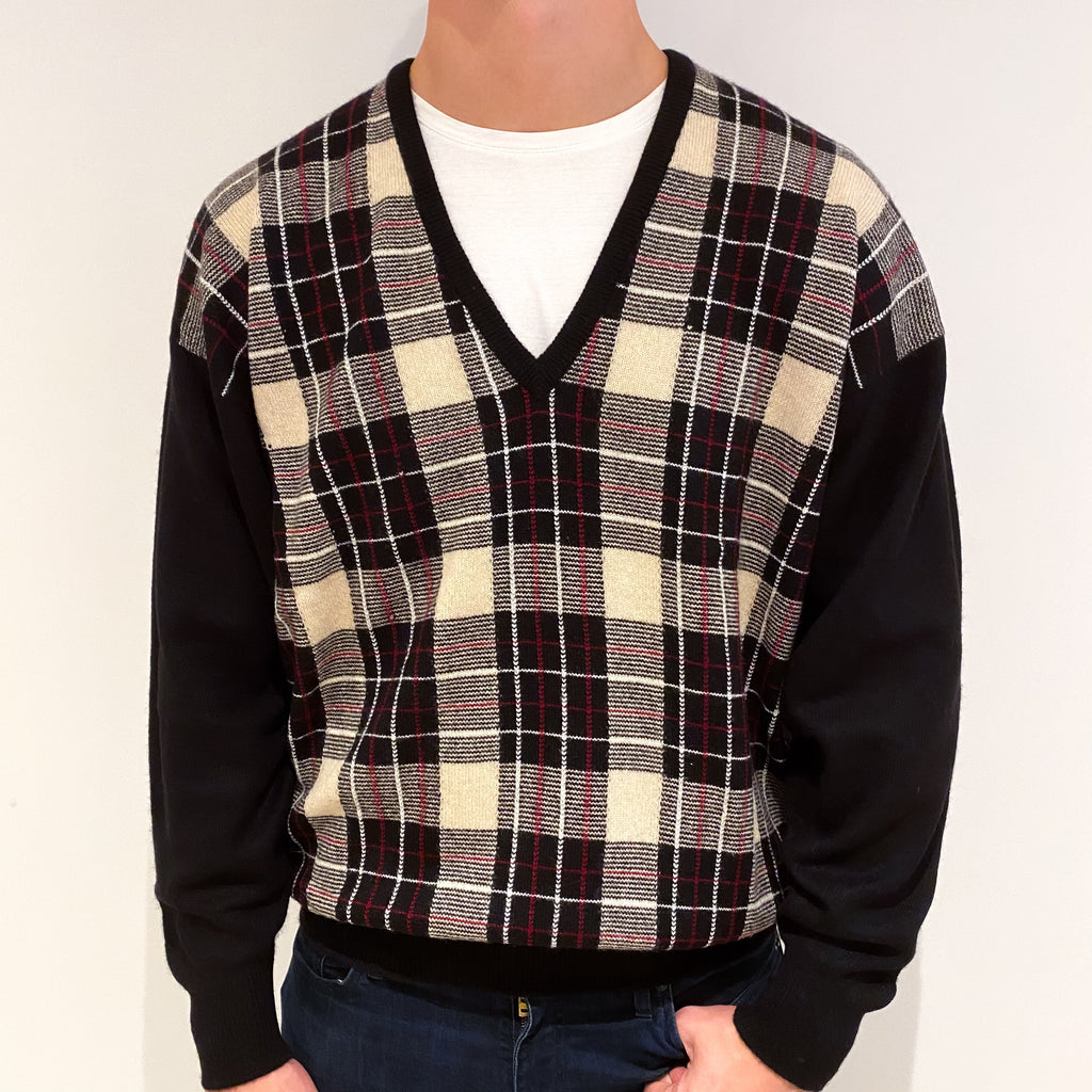 Men's Vintage Scottish Black Checked Cashmere V-Neck Jumper XXL