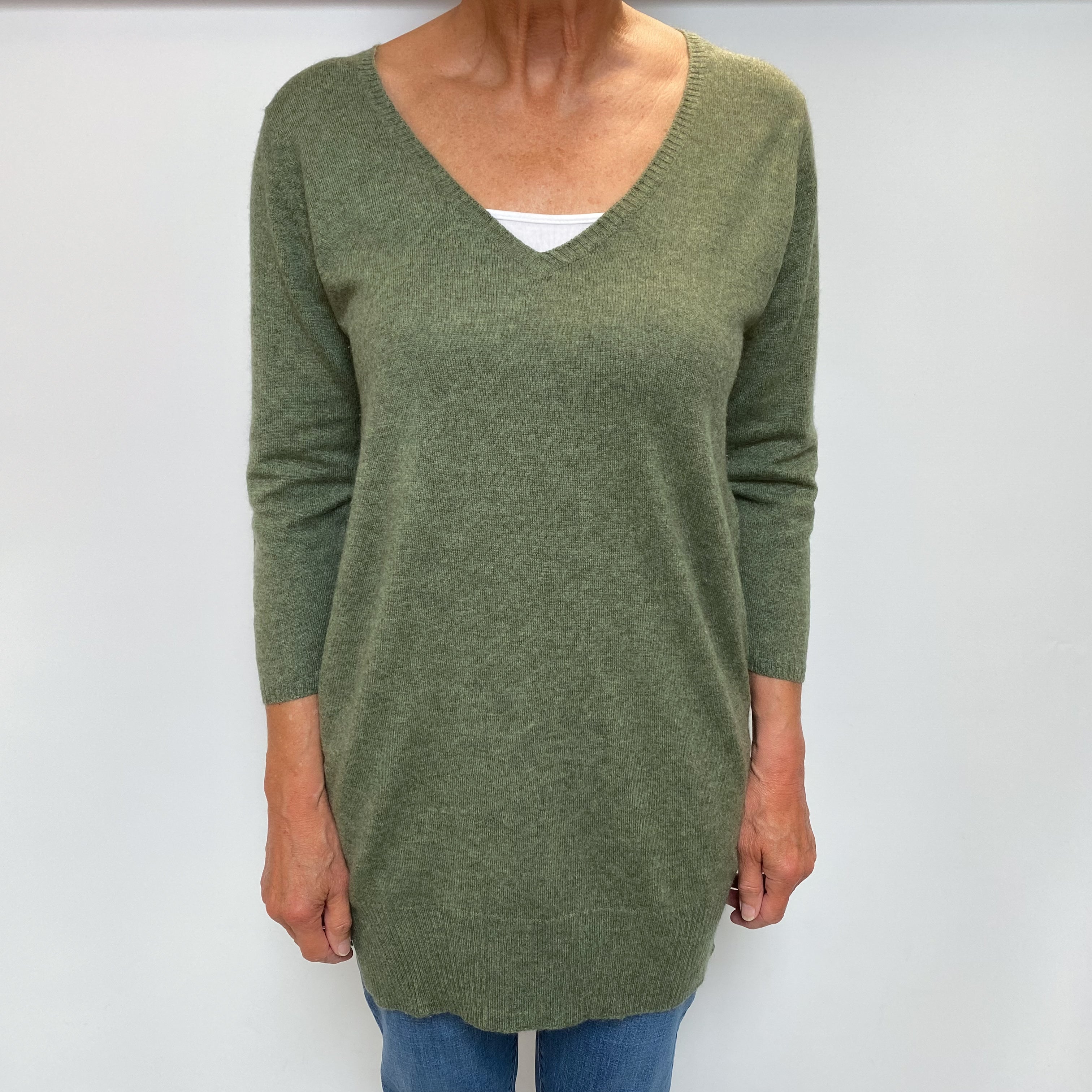 Brora Olive Green Cashmere V Neck Longline Jumper Medium