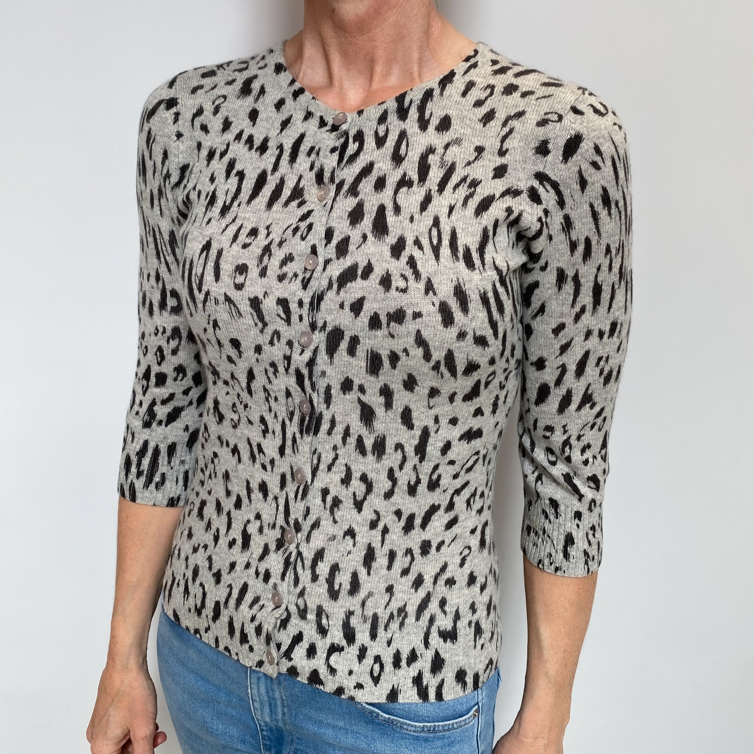 Grey Animal Print Cashmere Crew Neck Cardigan Small