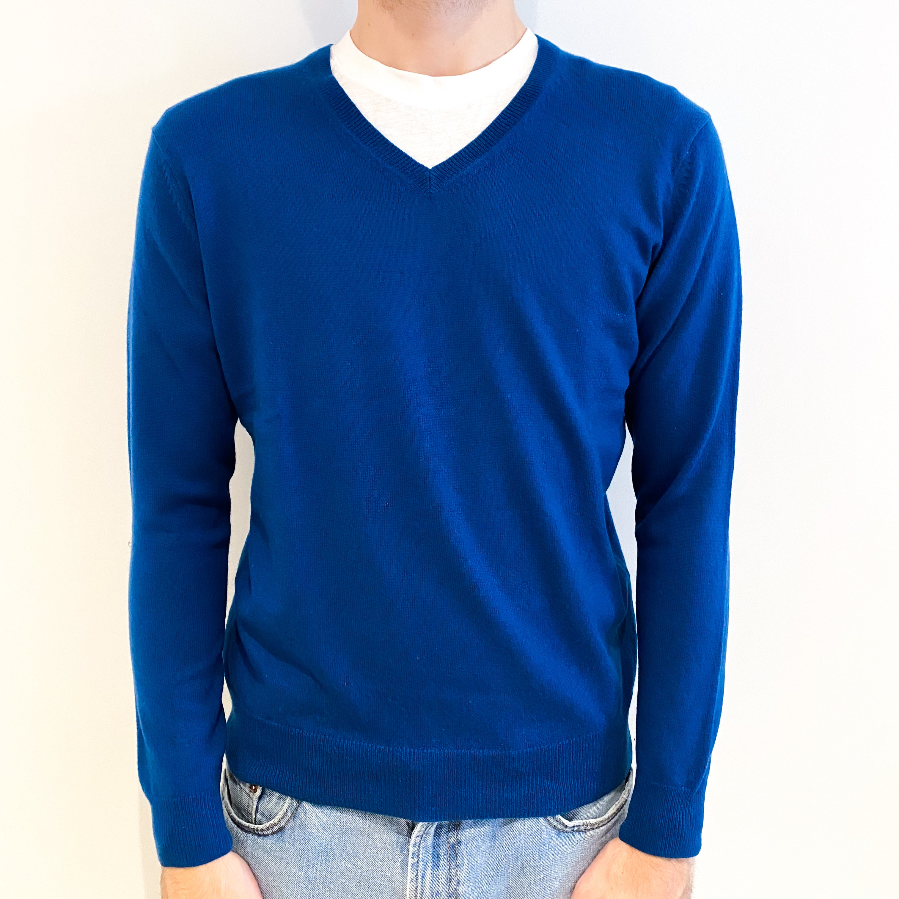 Men's Petrol Blue Cashmere V Neck Jumper Medium