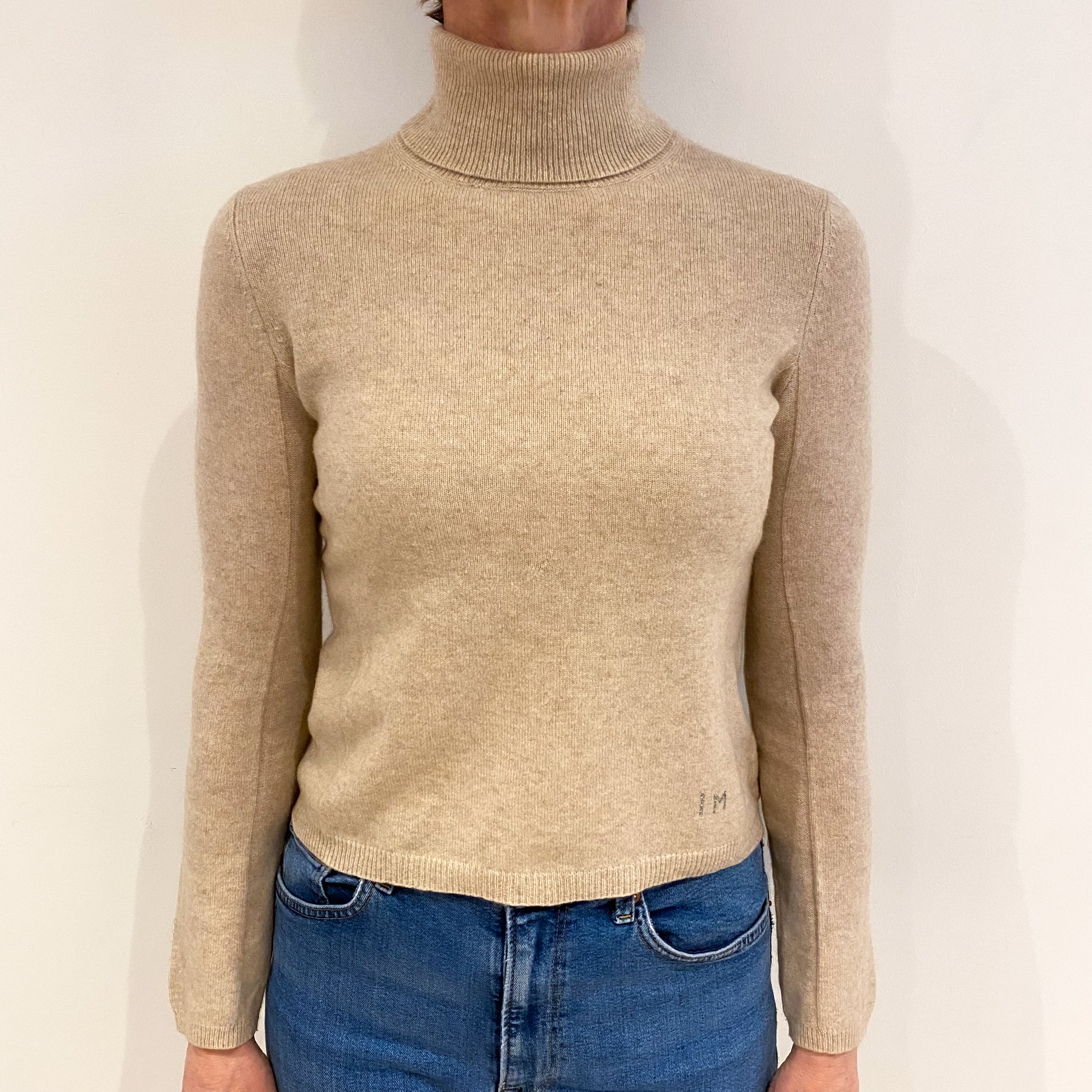 Honey Beige Cashmere Polo Neck Jumper Small