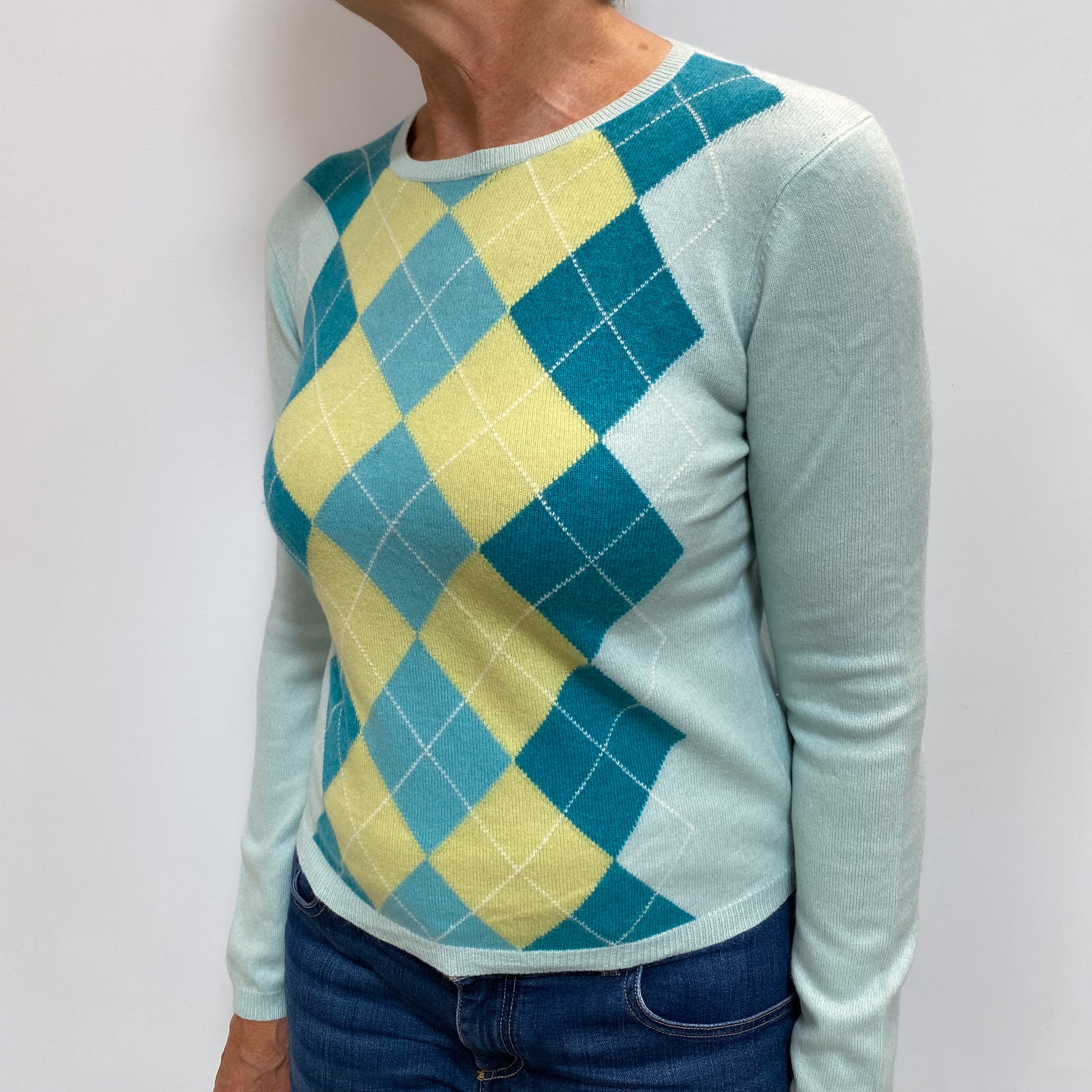 Mint Teal and Pistachio Cashmere Crew Neck Jumper Medium