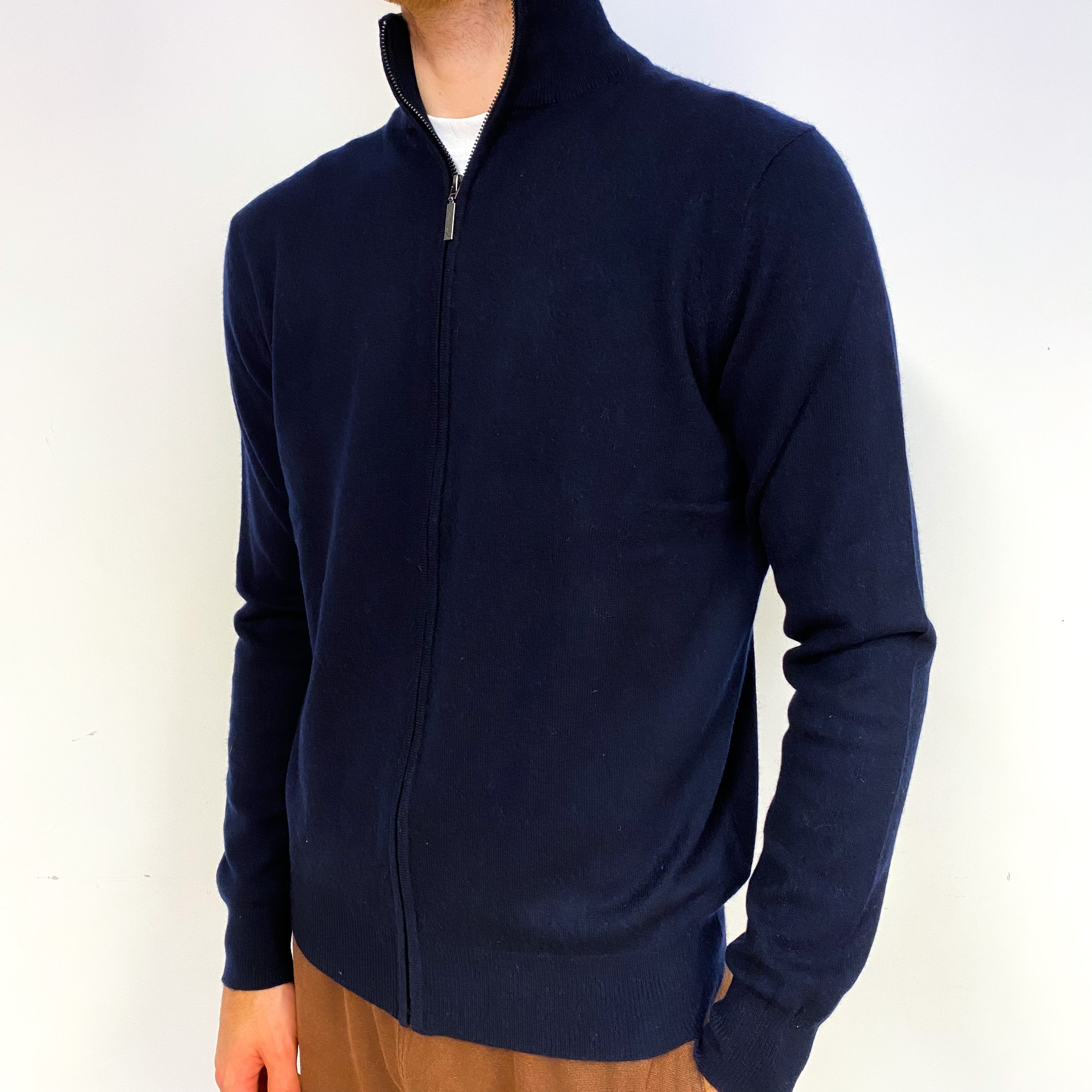 Men's Navy Blue Cashmere Zip Turtle Neck Cardigan Large