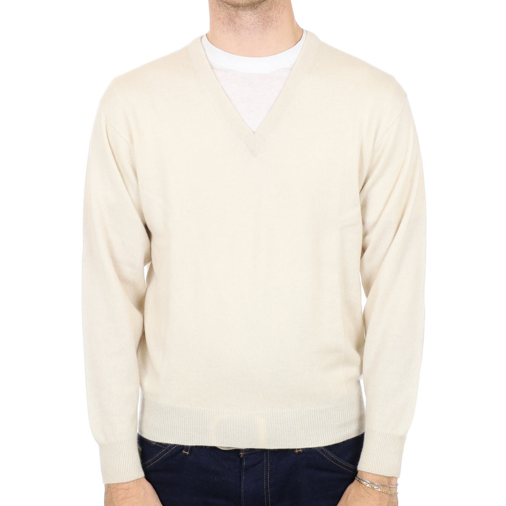 Men's Vanilla Cream Cashmere V Neck Jumper Medium