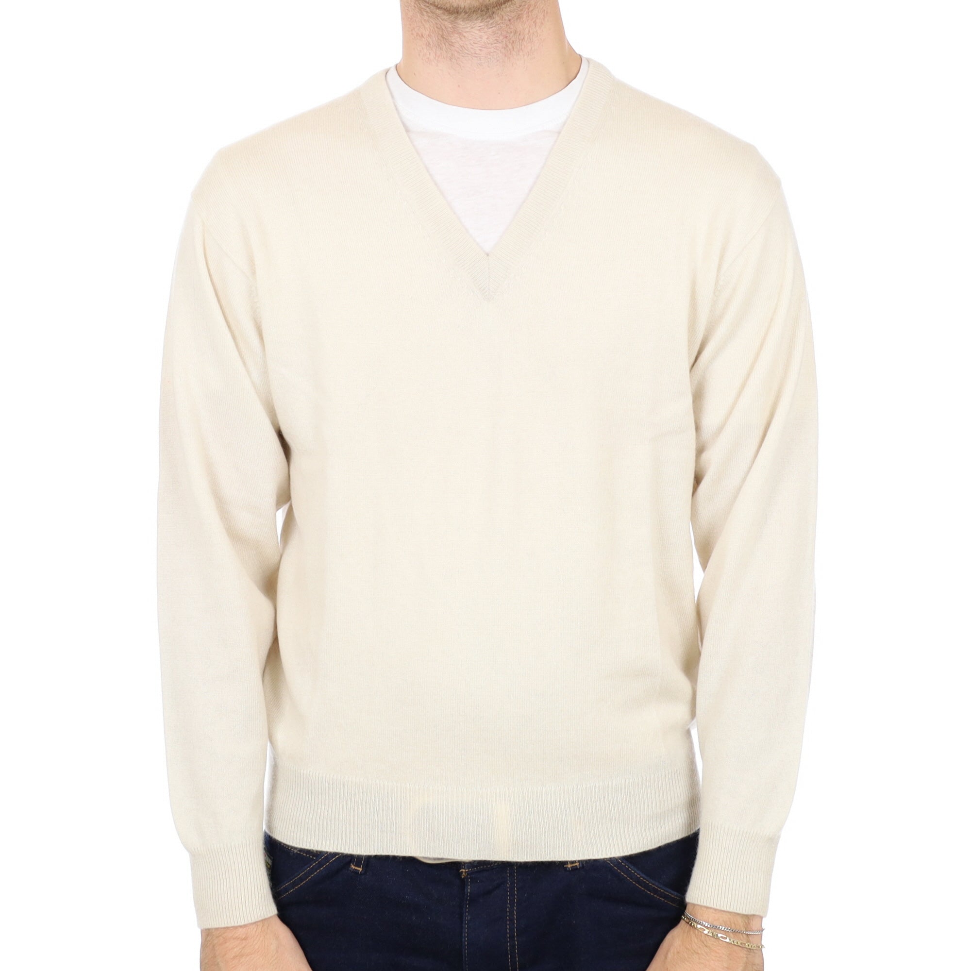Men's Vanilla Cream Cashmere V Neck Jumper Medium