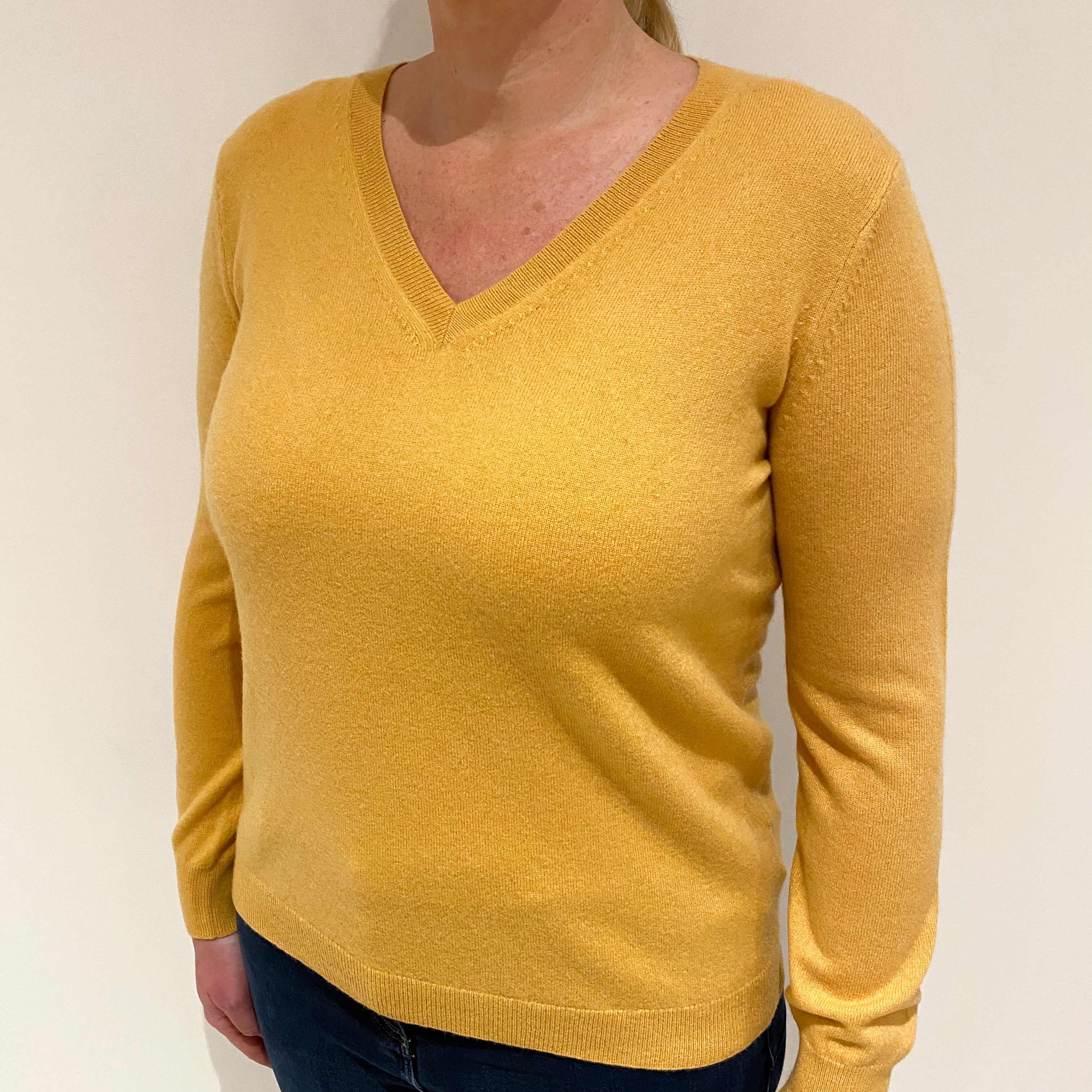 Mustard Yellow Cashmere V-Neck Jumper Large