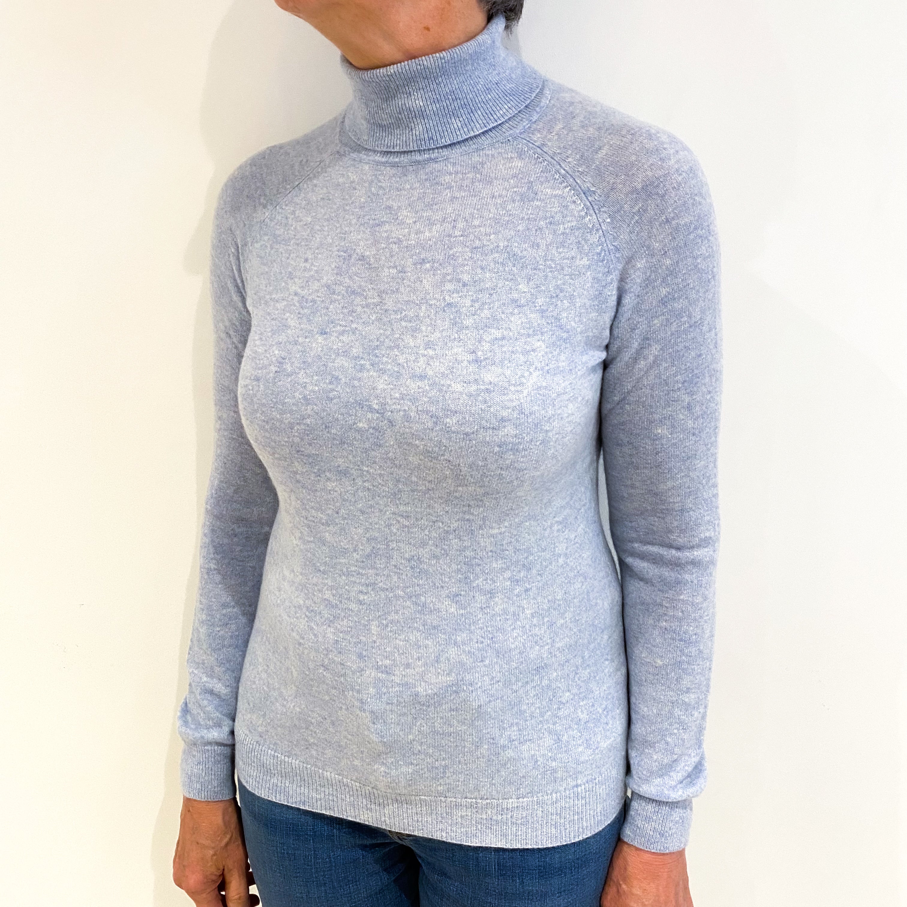 Opal Blue Marl Cashmere Polo Neck Jumper Medium
