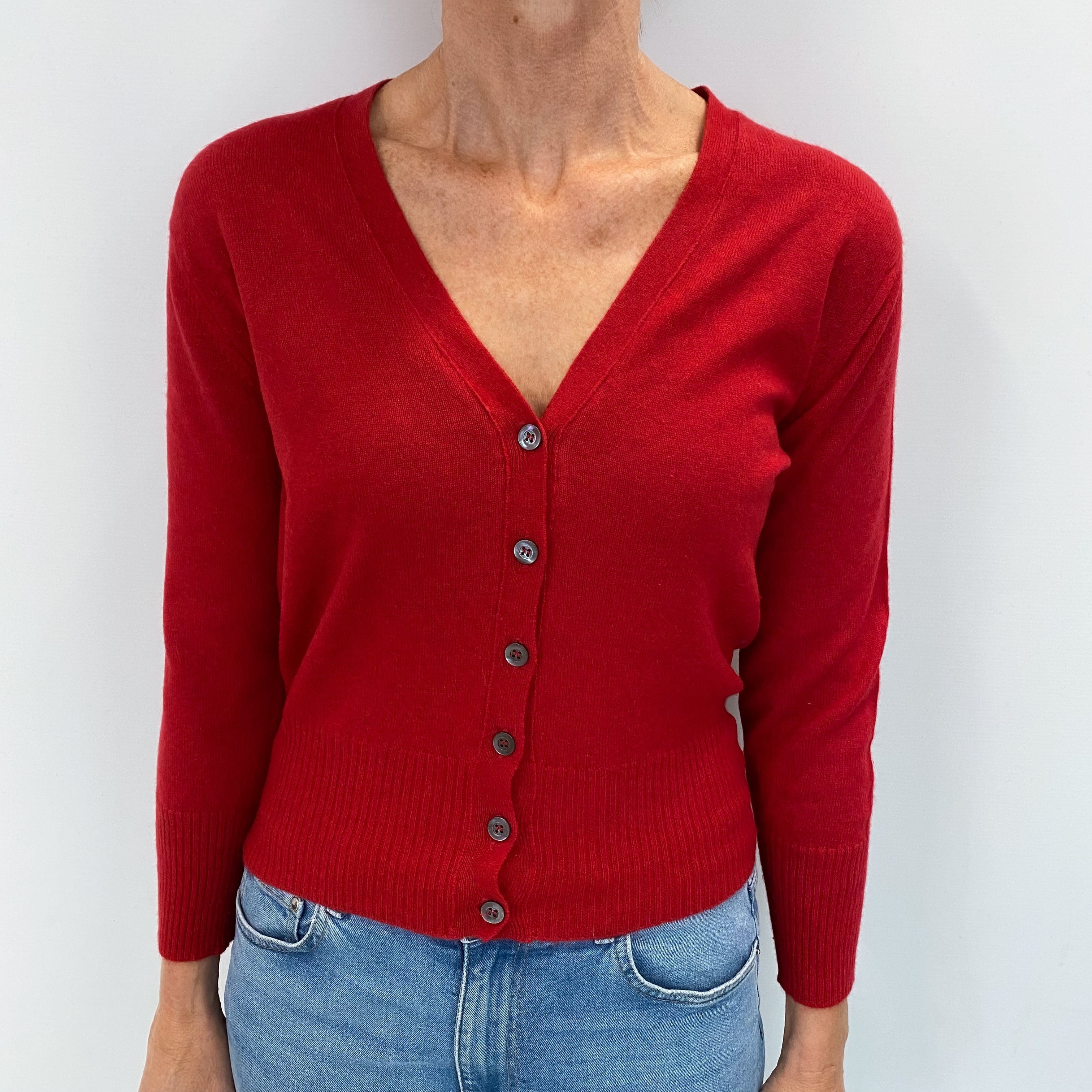 Brora Red Cashmere V Neck Cardigan with Elbow Patches Small