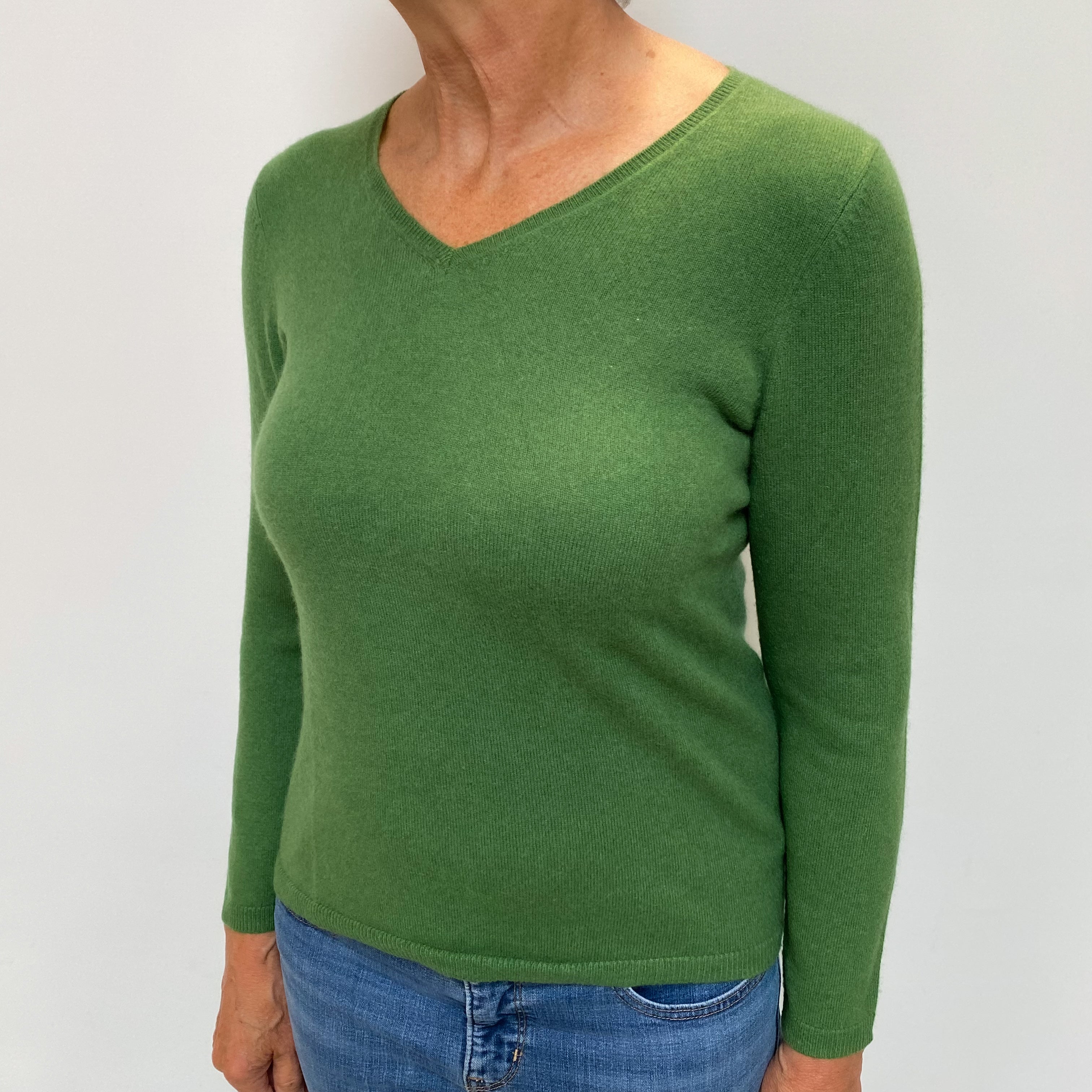 Fern Green Cashmere V Neck Jumper Medium
