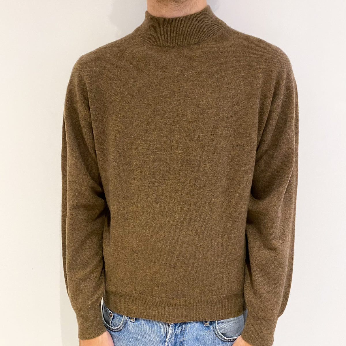 Men's Camel Brown Marl Cashmere Turtle Neck Jumper Large