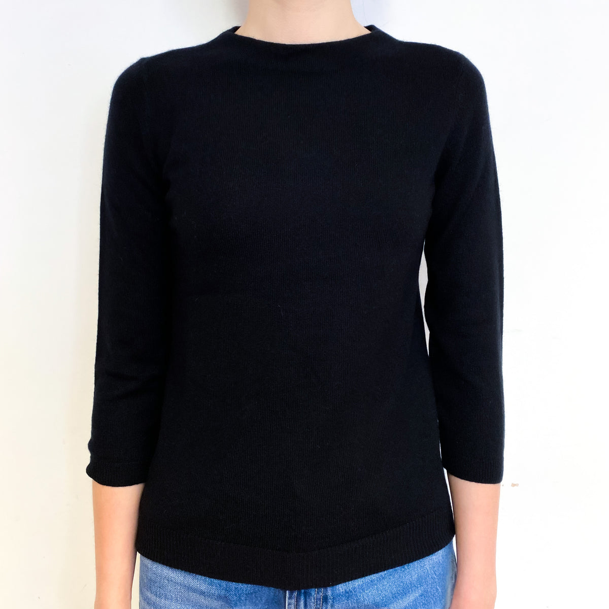 Black 3/4 Sleeve Cashmere Crew Neck Jumper Extra Small