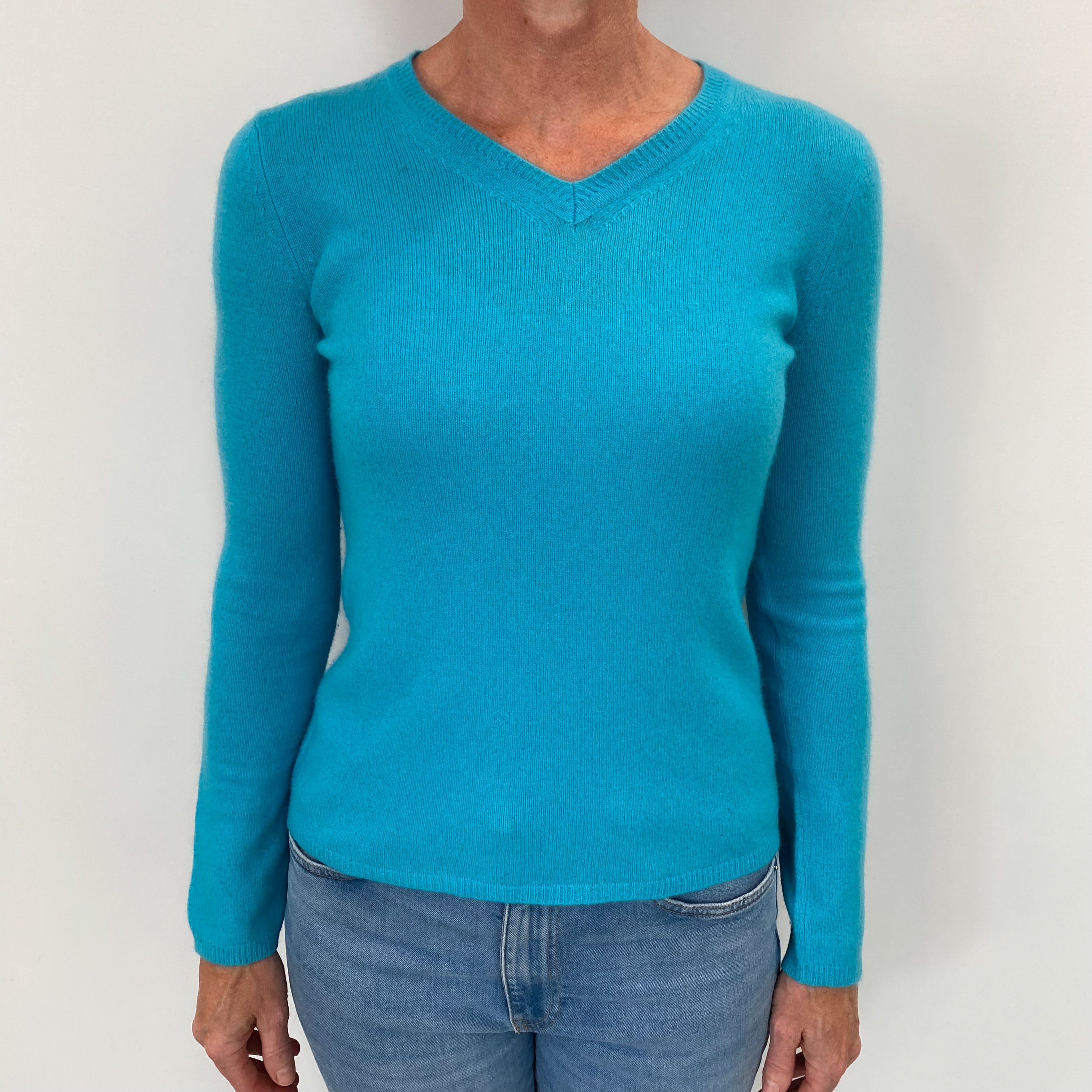 Turquoise Blue Cashmere V Neck Jumper Small
