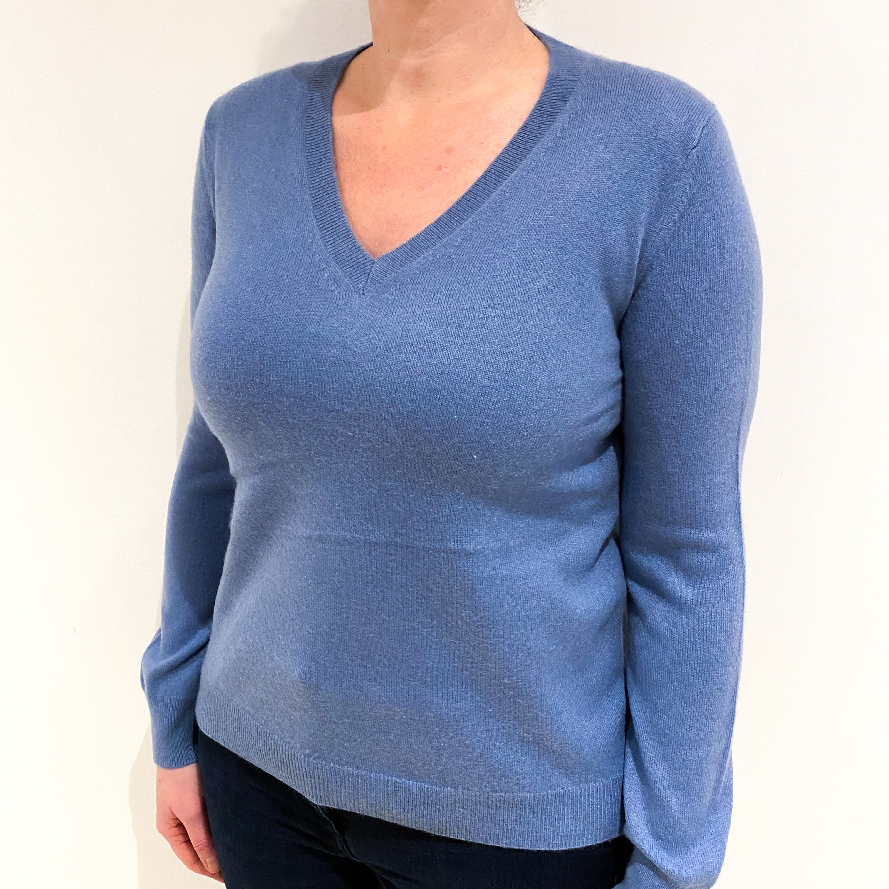 Dusty Blue Cashmere V Neck Jumper Large