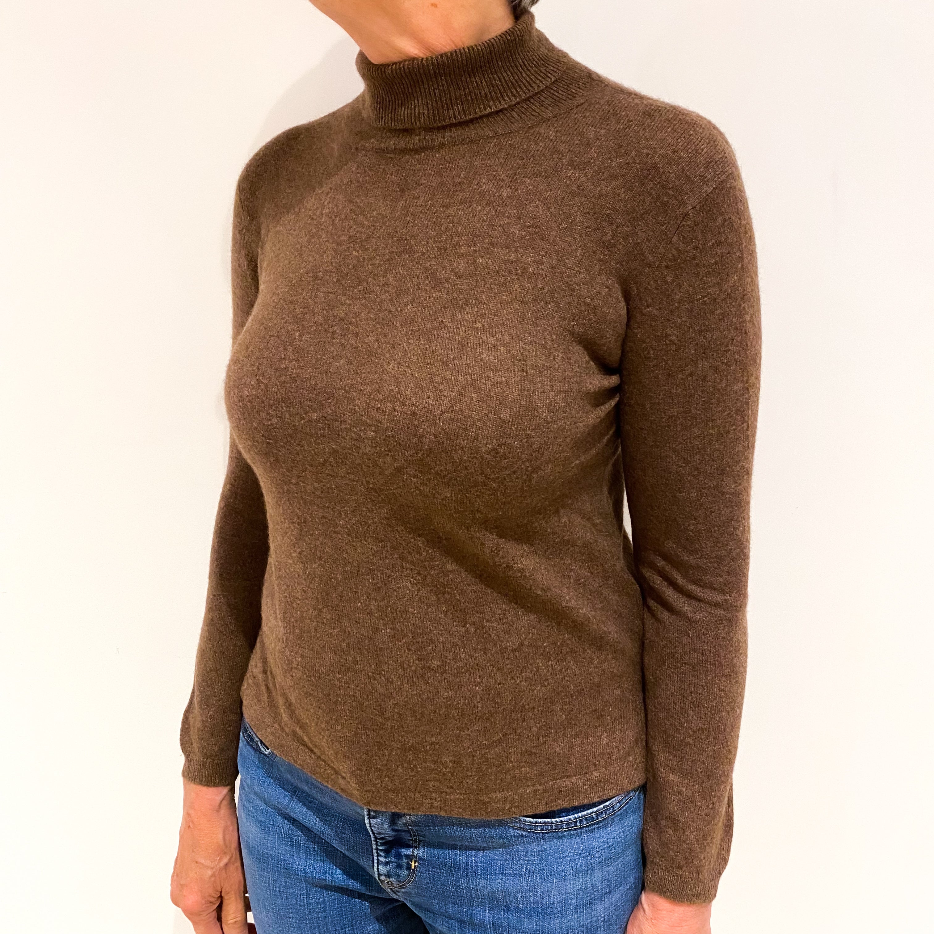 Mole Brown Cashmere Polo Neck Jumper Medium