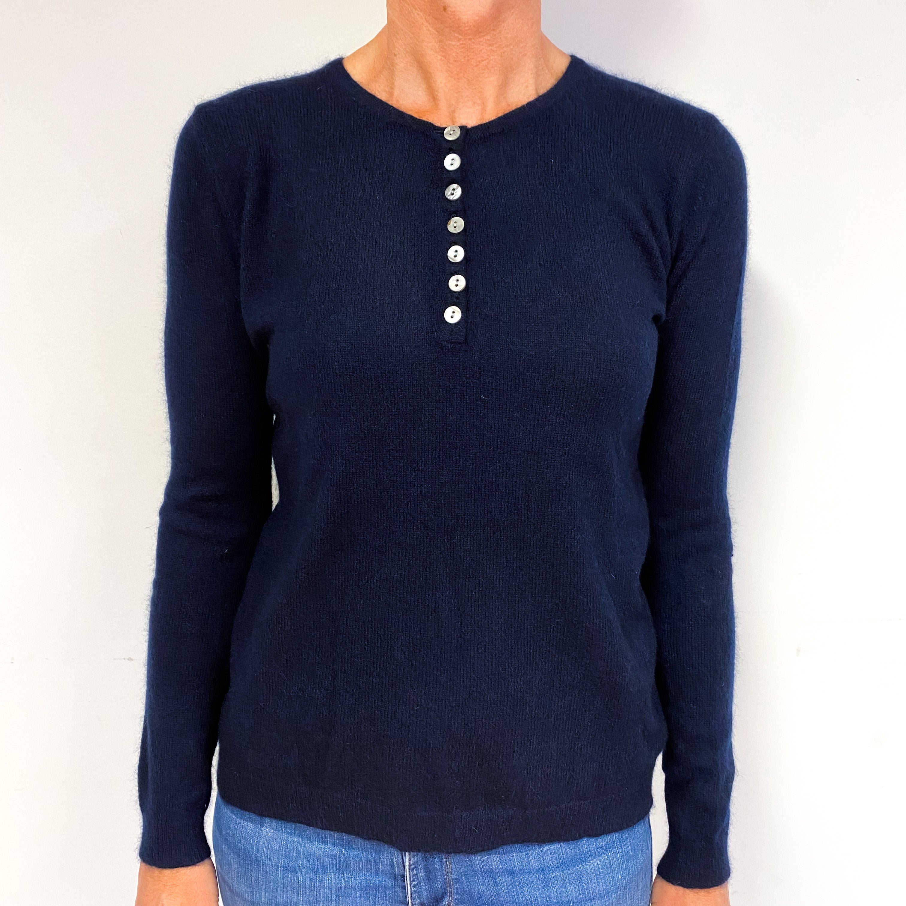 Navy Blue Button Up Cashmere Crew Neck Jumper Medium