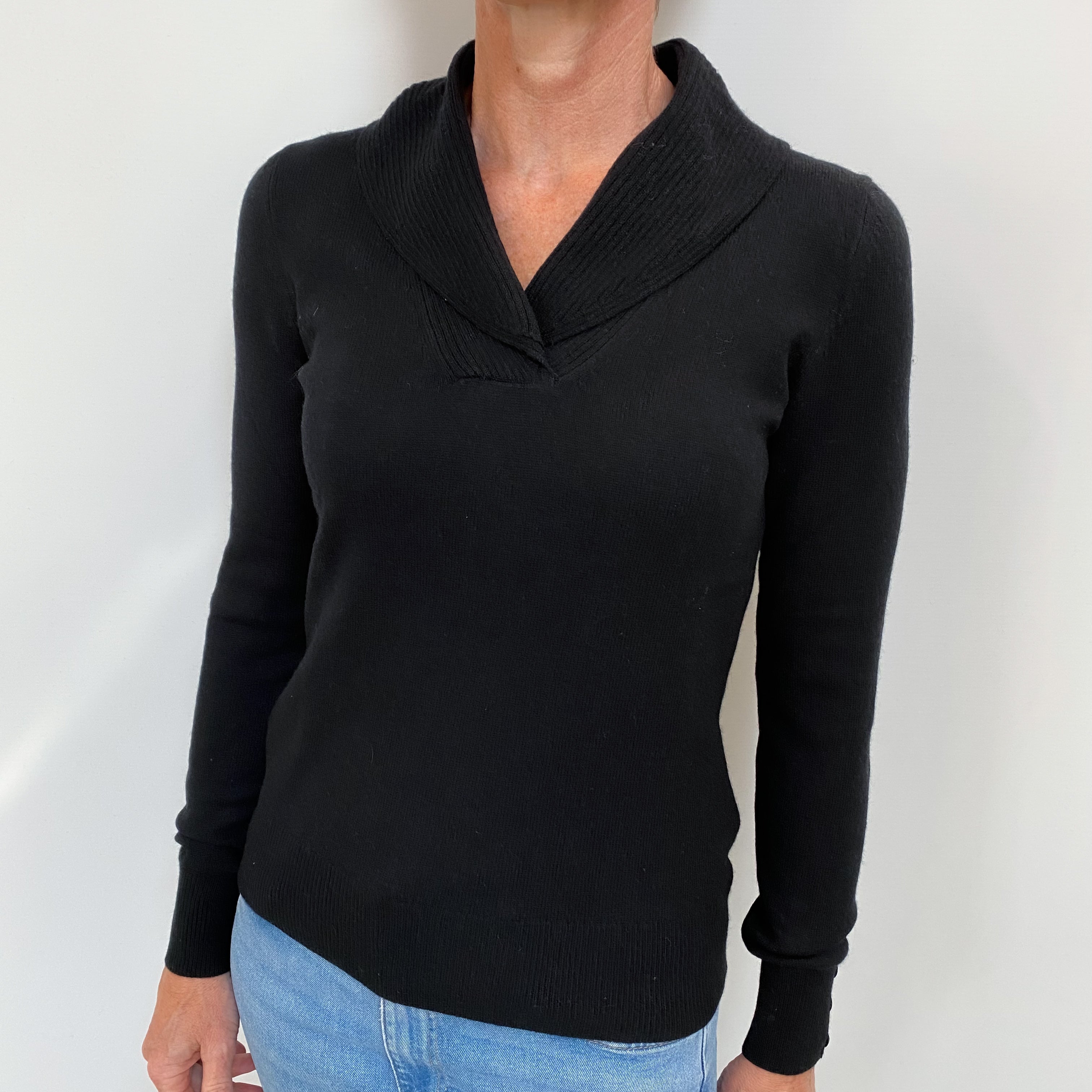 Black Cashmere Shawl Collar V Neck Jumper Small