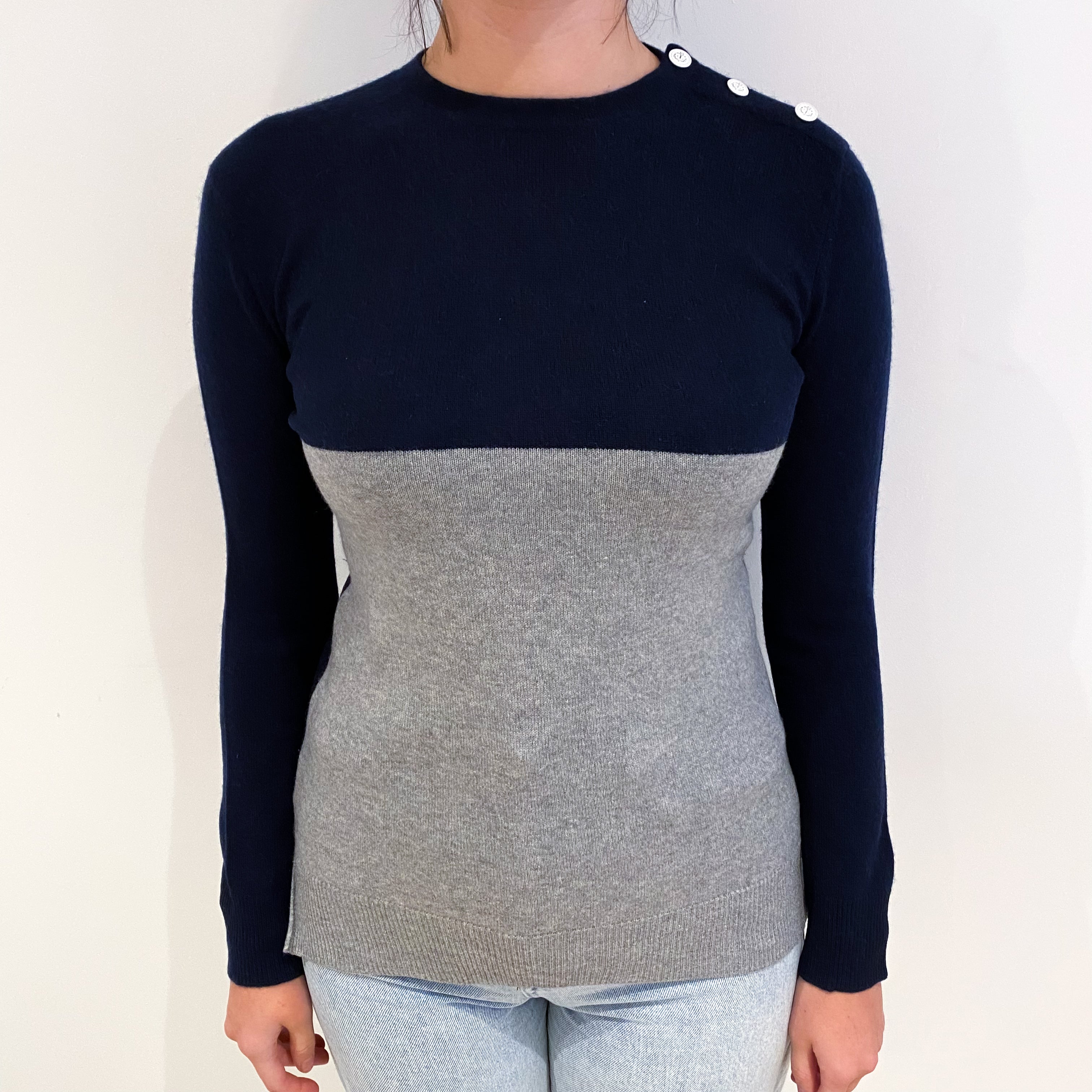 Navy And Smoke Grey Colour Block Cashmere Crew Neck Jumper Small
