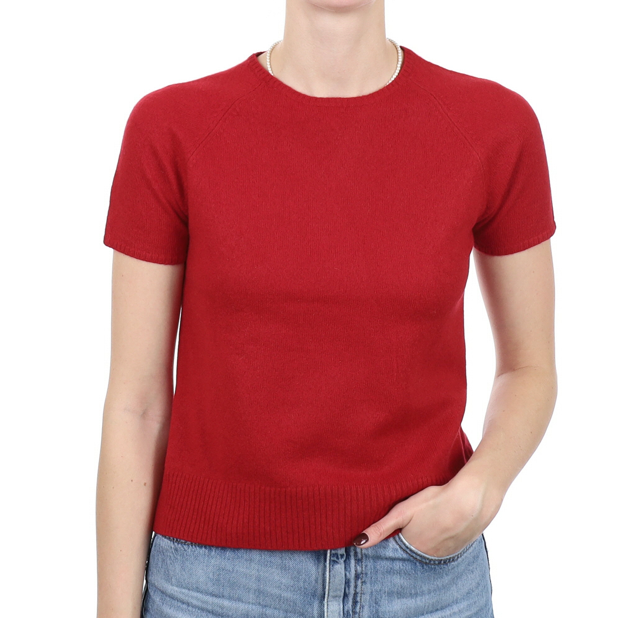 Berry Red Cashmere Short Sleeve Crew Neck Jumper Small
