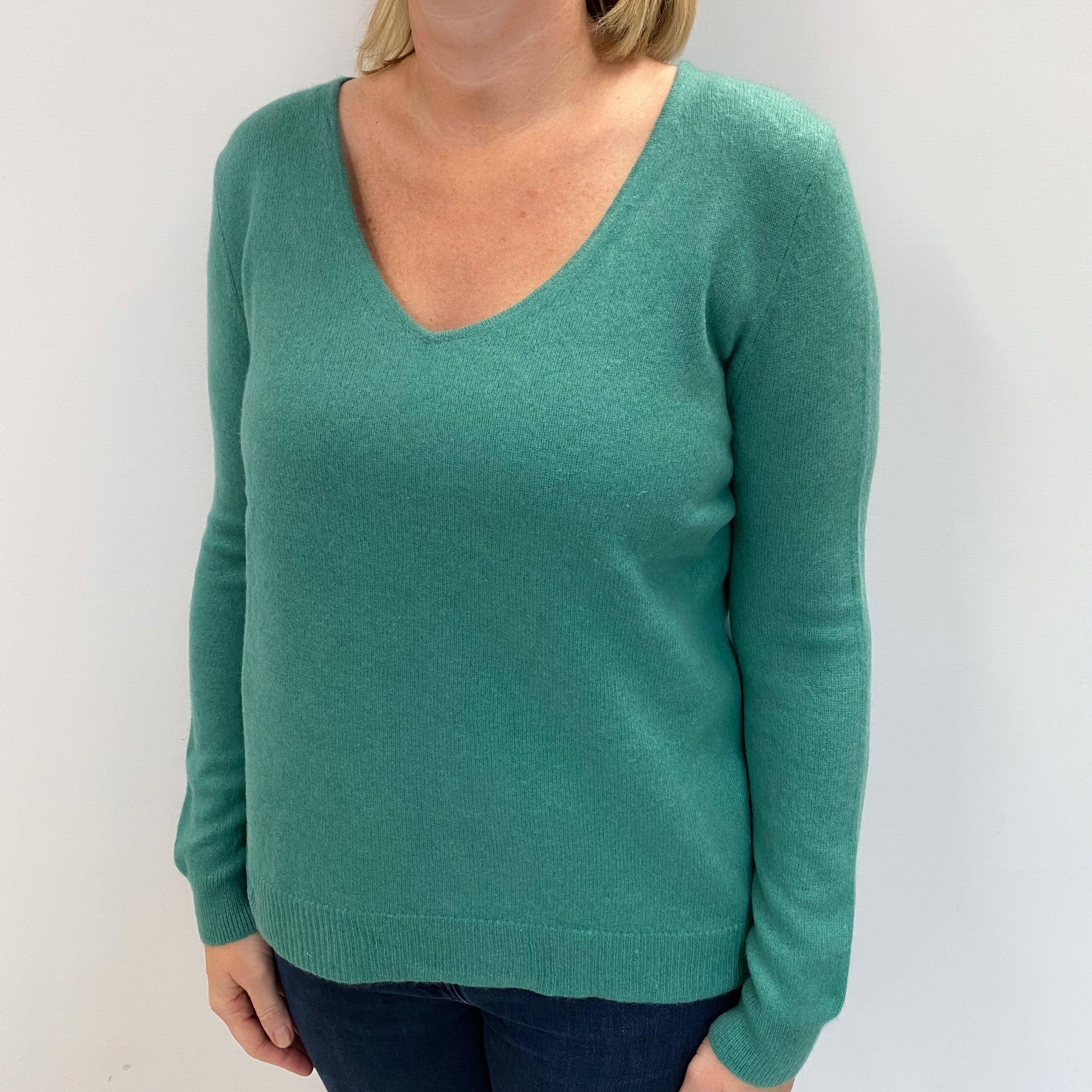 Sea Green Cashmere V Neck Jumper Large