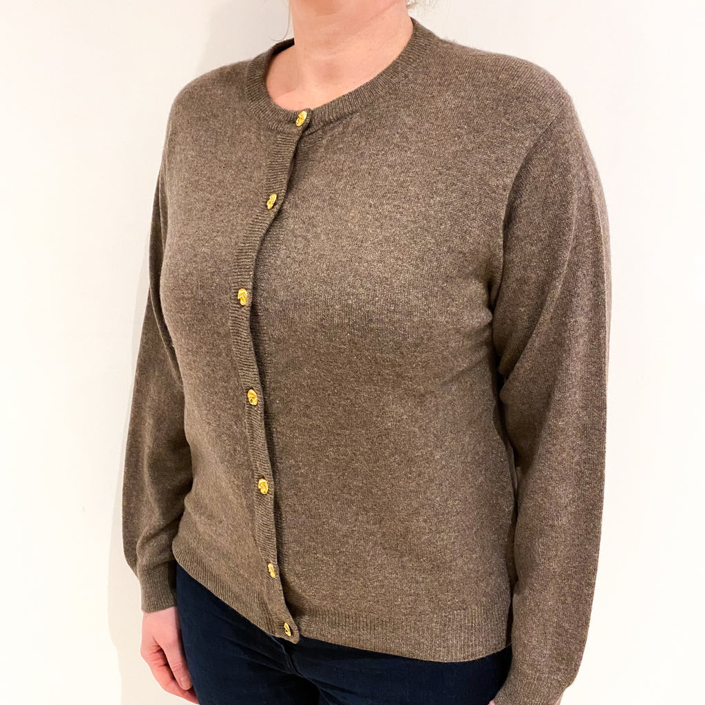 Mocha Brown Cashmere Crew Neck Cardigan Large