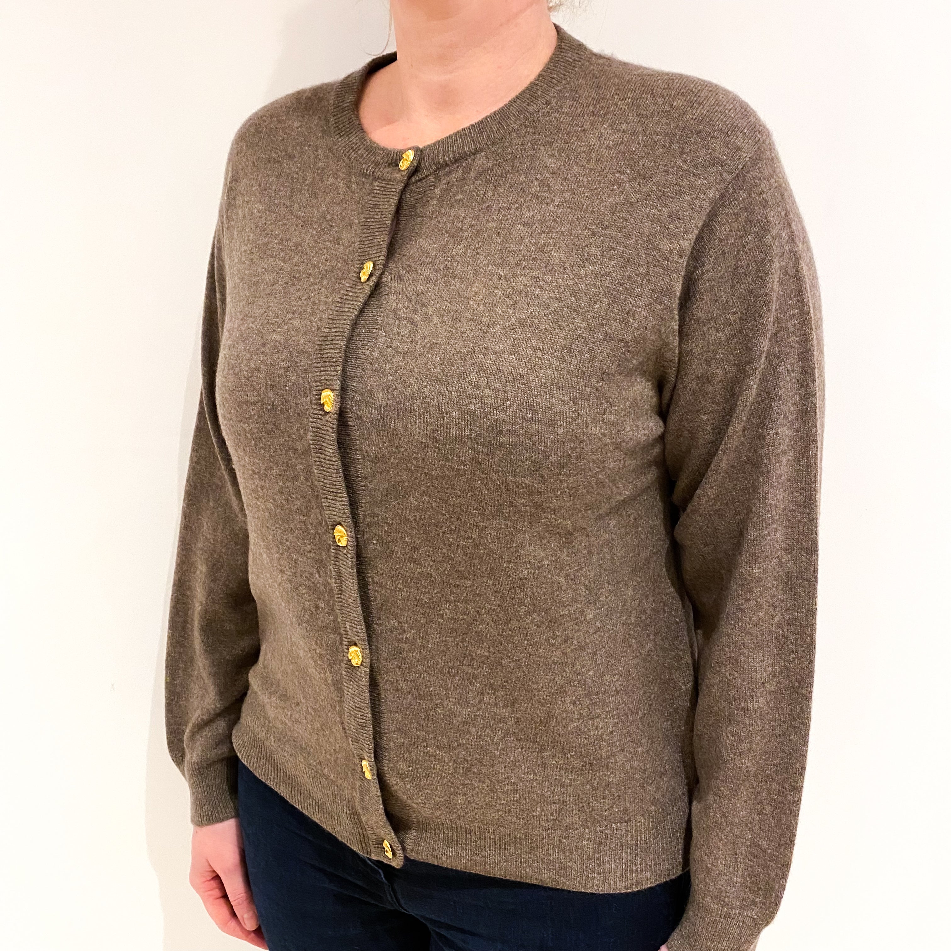 Mocha Brown Cashmere Crew Neck Cardigan Large