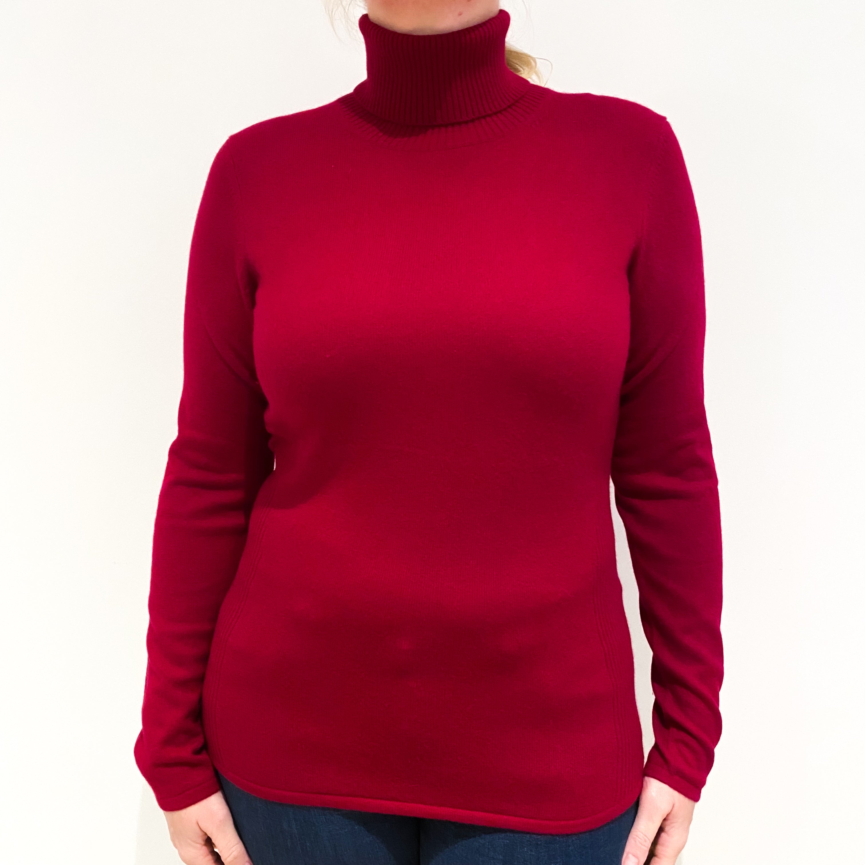 Crimson Red Cashmere Polo Neck Tunic Style Jumper Large