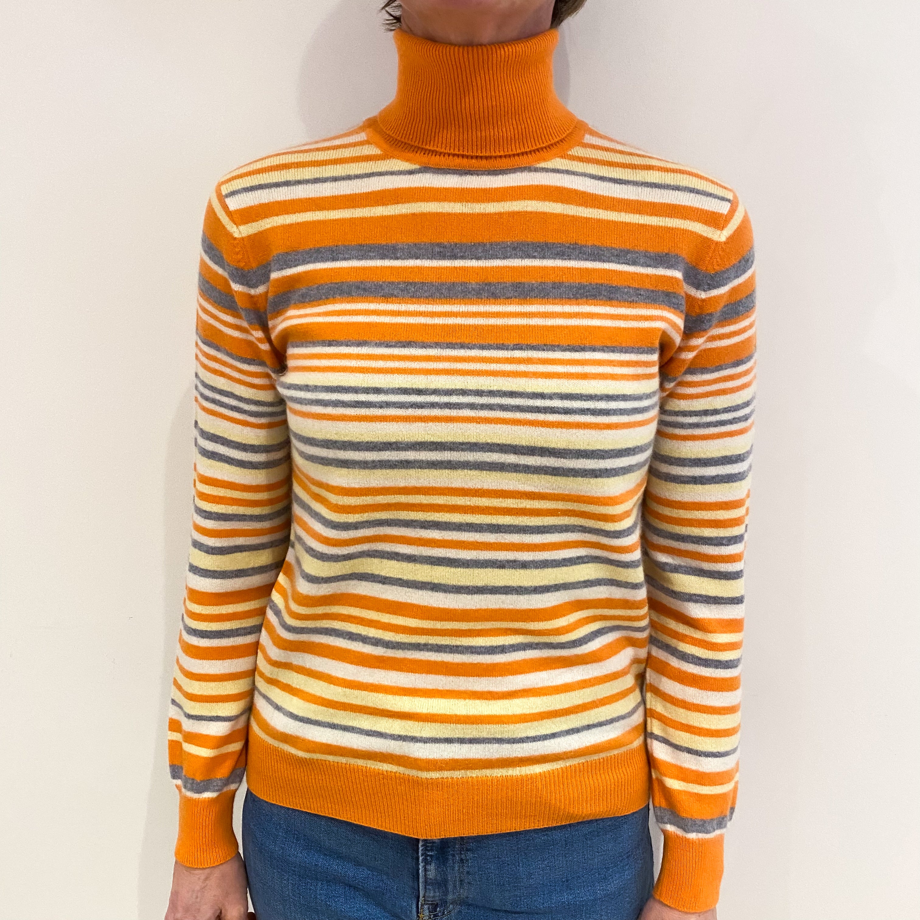 Orange Striped Cashmere Polo Neck Jumper Small