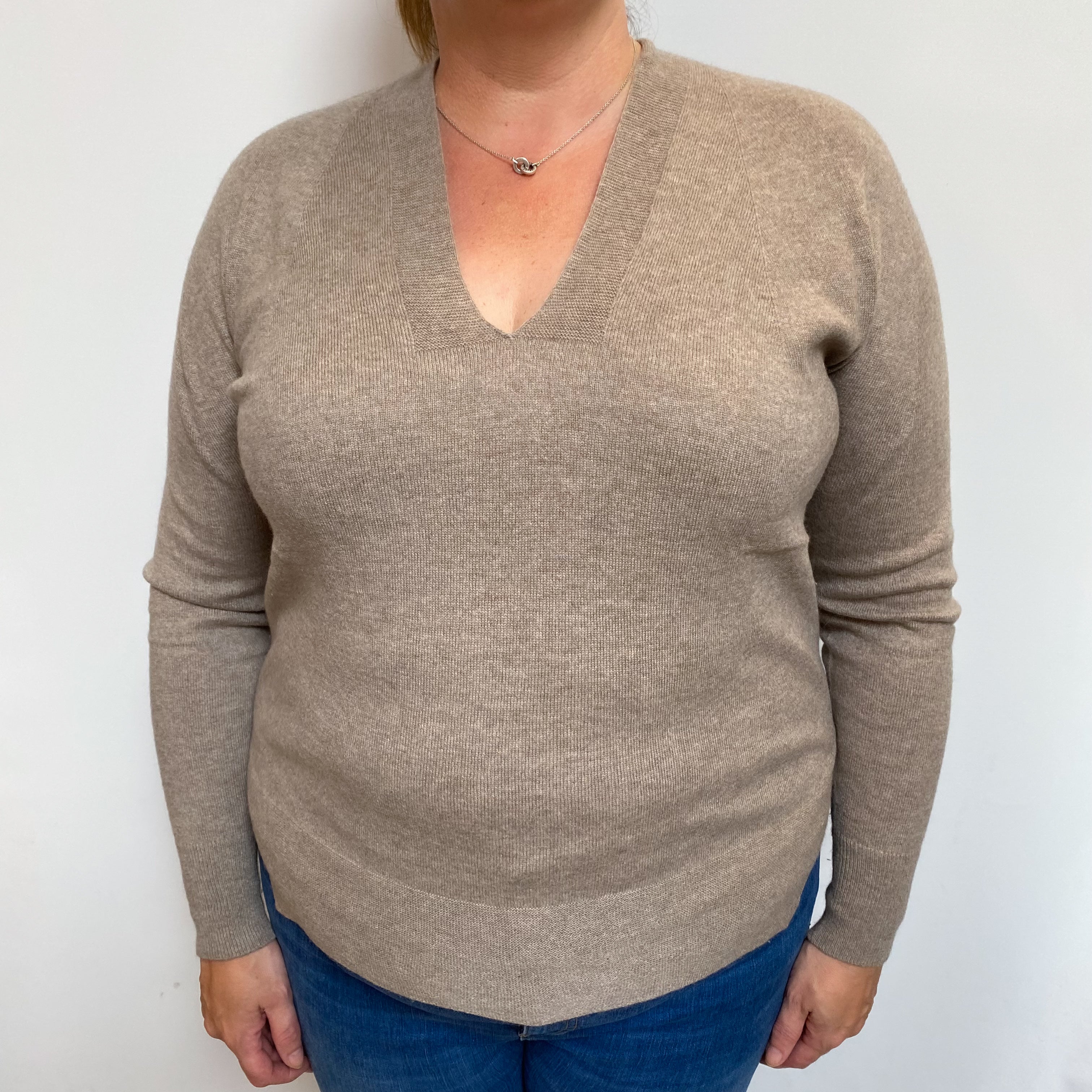Mink Brown Cashmere V Neck Jumper Extra Large