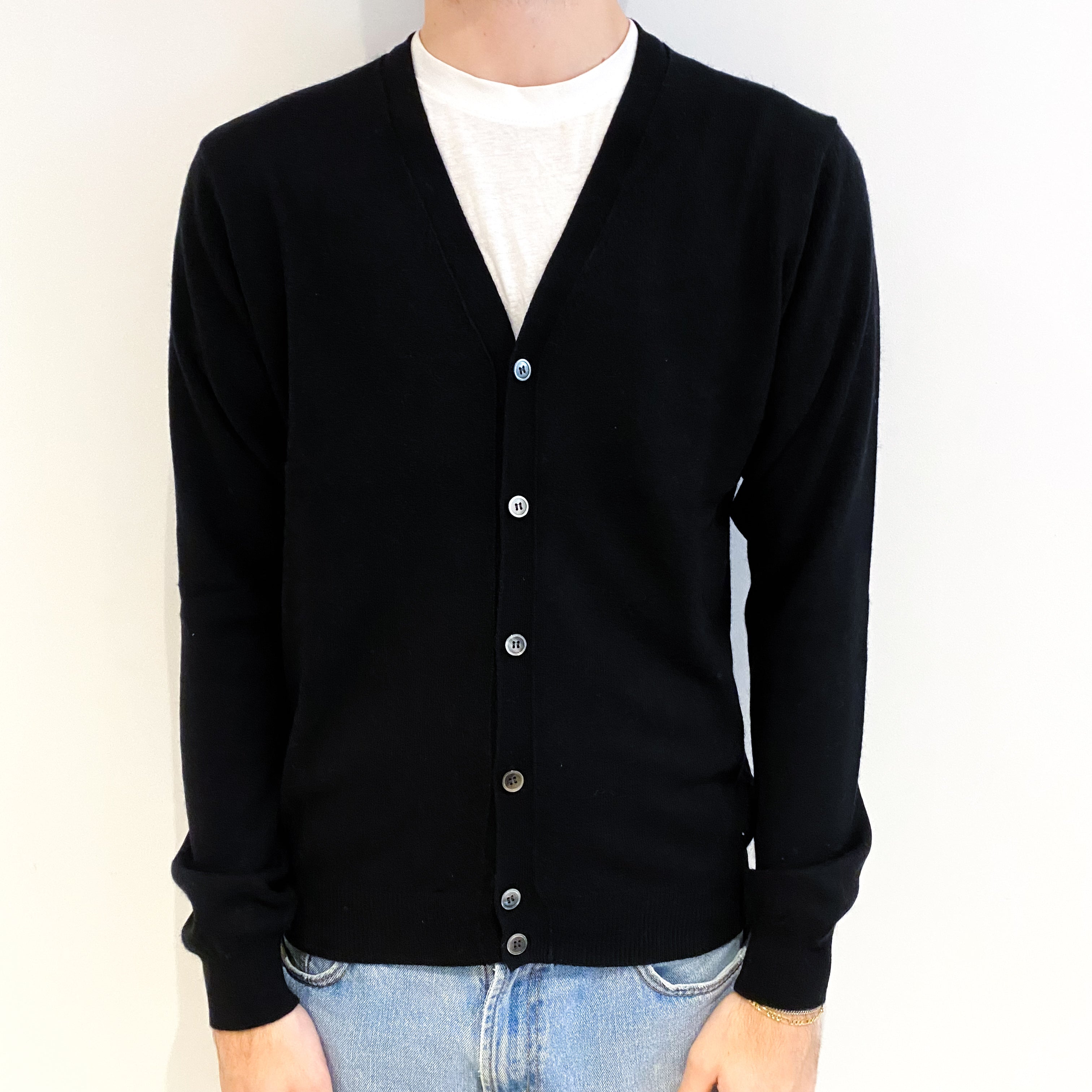 Men's Black Cashmere V Neck Cardigan Large