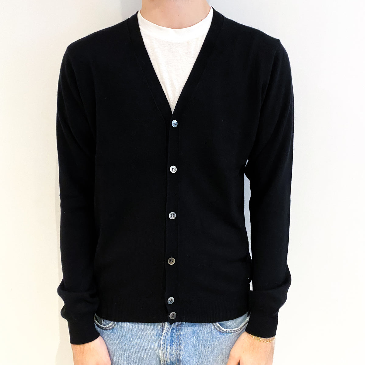 Men's Black Cashmere V Neck Cardigan Large