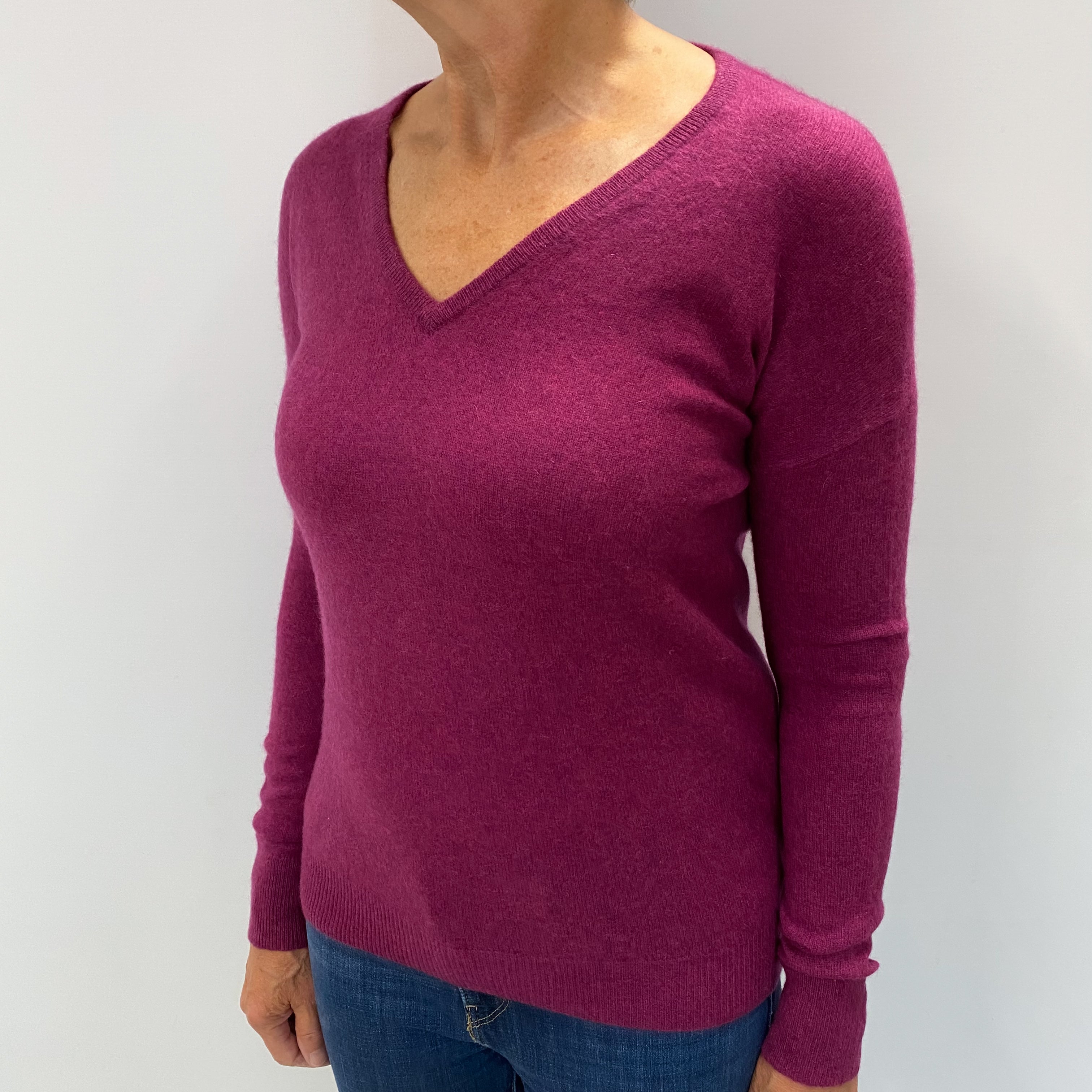 Deep Heather Purple Cashmere V Neck Jumper Medium