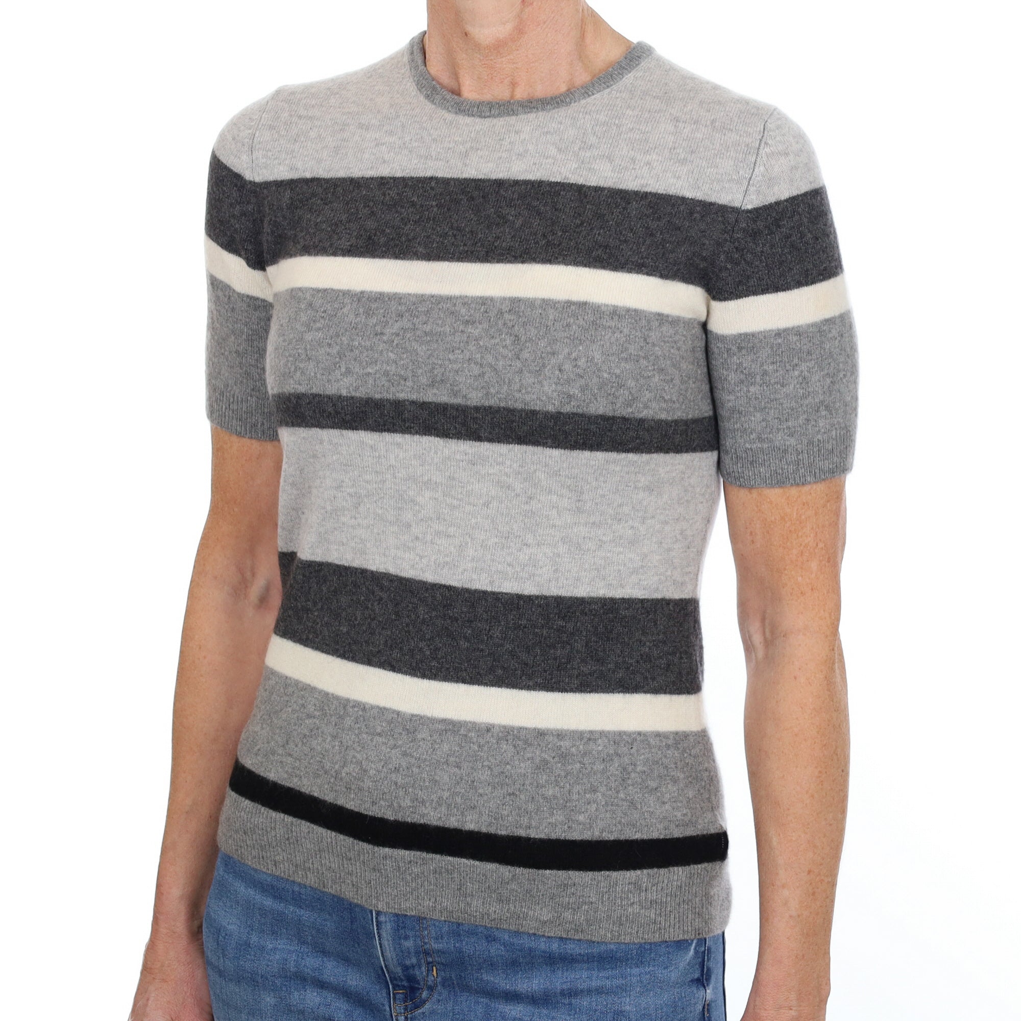 Grey Striped Cashmere Crew Neck Jumper Small