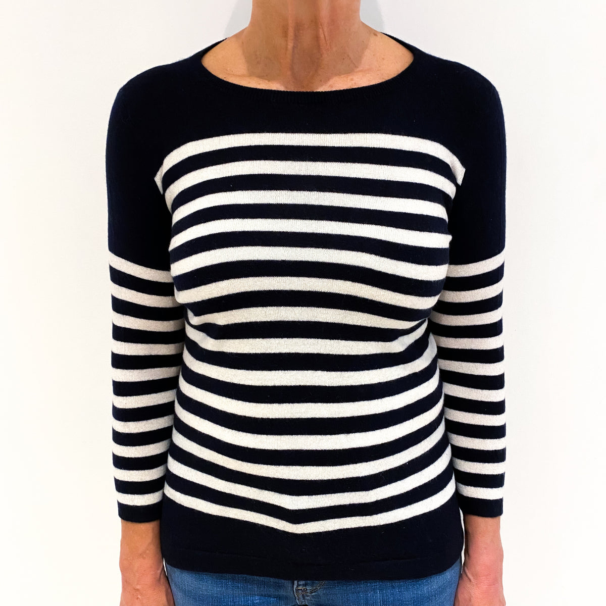 Navy Cream Stripe Cashmere Crew Neck Jumper Medium