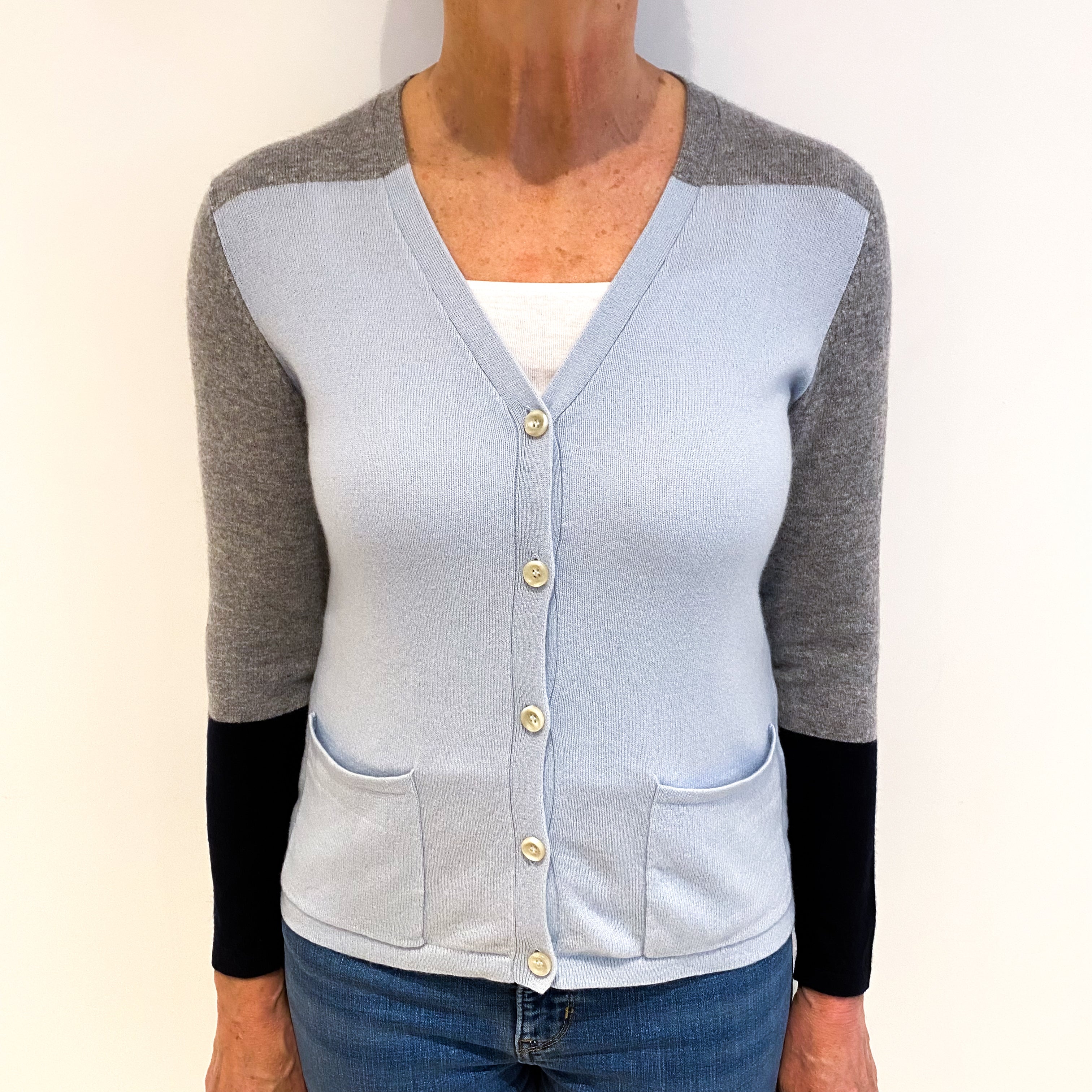 Pale Blue And Grey Colour Block Cashmere V Neck Cardigan Medium