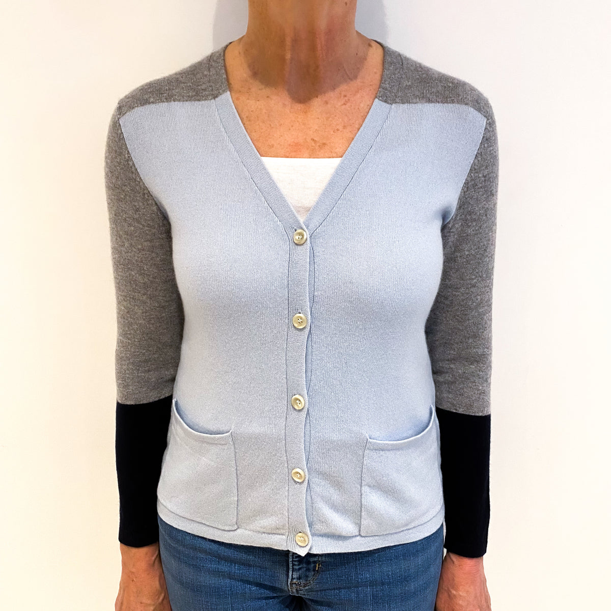 Pale Blue And Grey Colour Block Cashmere V Neck Cardigan Medium
