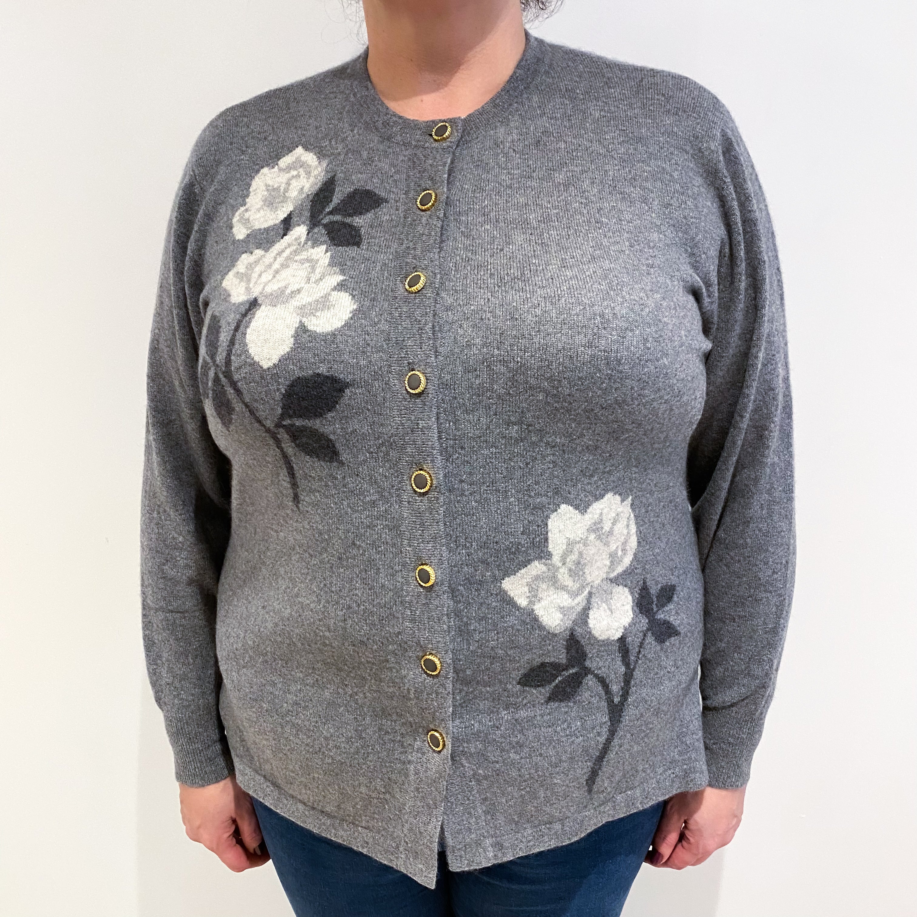 Ash Grey Floral Cashmere Crew Neck Cardigan Extra Large